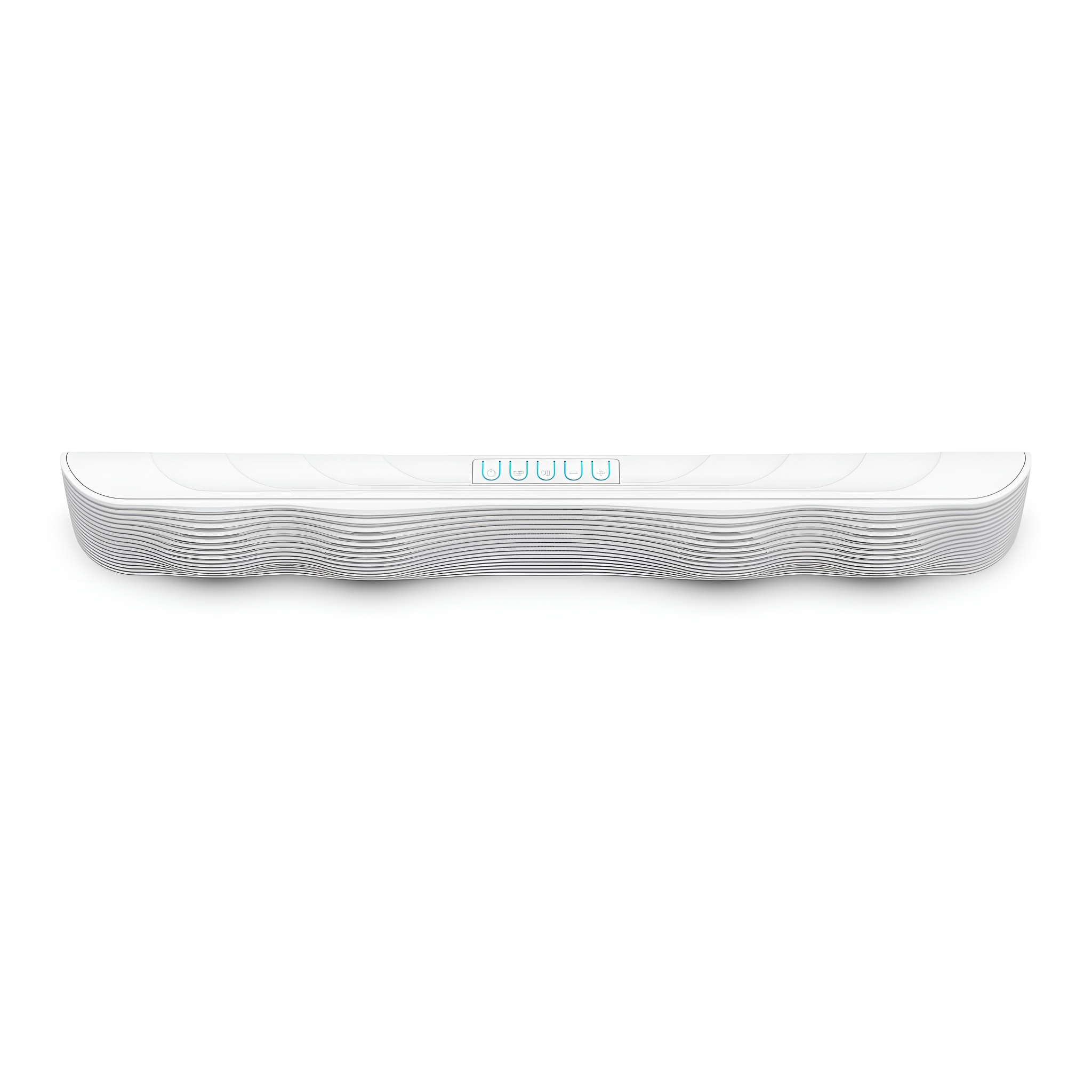 Weißer Soundbar mit Wellendesign und ein paar Knöpfen. Weißer Hintergrund.