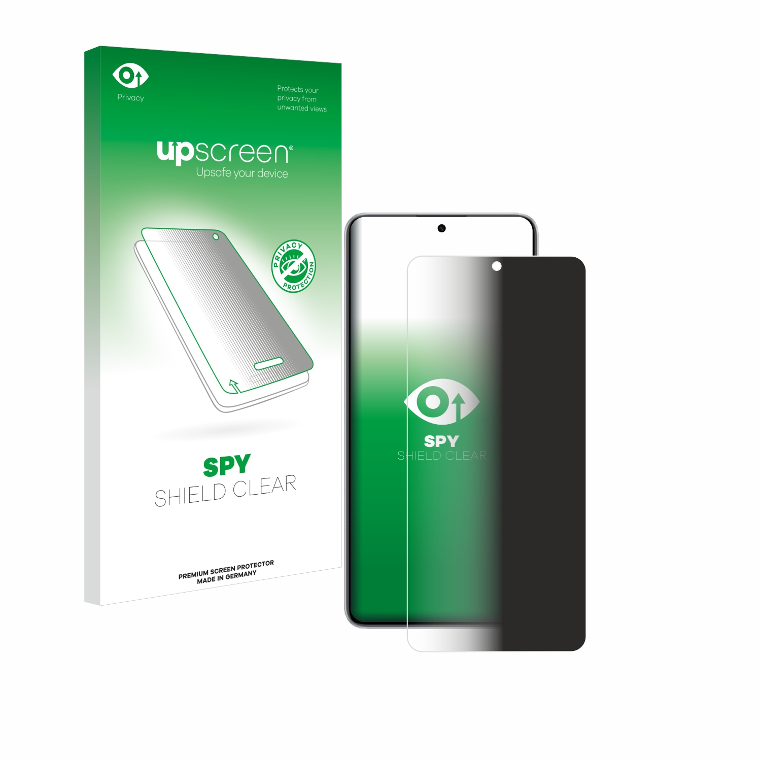 Smartphone mit Displayschutzfolien-Set. Weiße Box, Telefon und Displayschutzfolie. Klar.