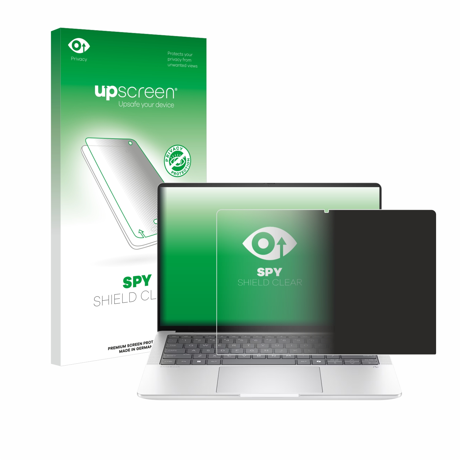 Upscreen Blickschutzfolie und ein Laptop mit angebrachter Folie. Der Bildschirm ist dunkel.