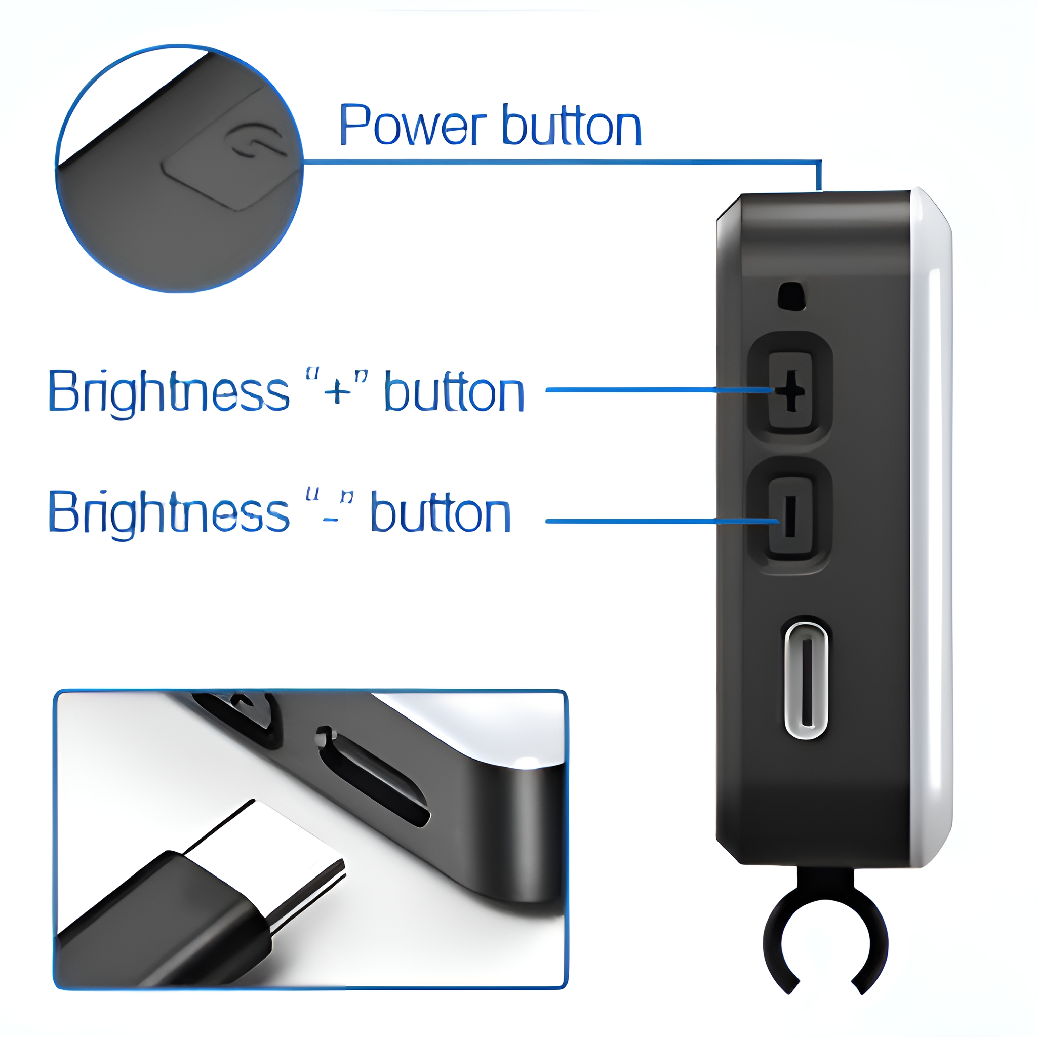 Nahaufnahme eines schwarzen Geräts mit Tasten für Ein/Aus und Helligkeit. USB-C-Anschluss unten.