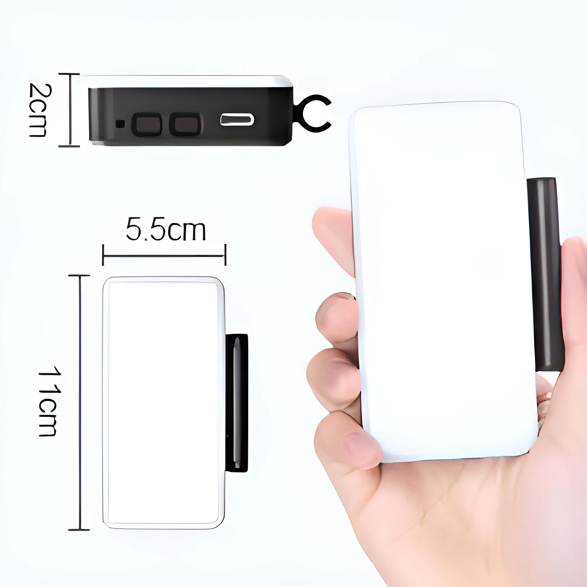 Ein weißes Telefon mit schwarzem Gehäuse wird in der Hand gehalten. Abmessungen sind dargestellt. Das Telefon ist 11x5,5x2 cm.