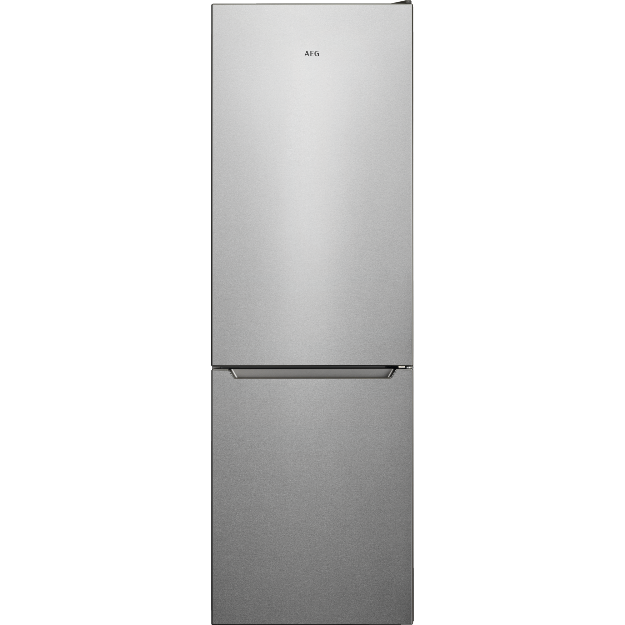 Ein hoher, silberner AEG-Kühlschrank auf schwarzem Hintergrund, schlicht und modern.