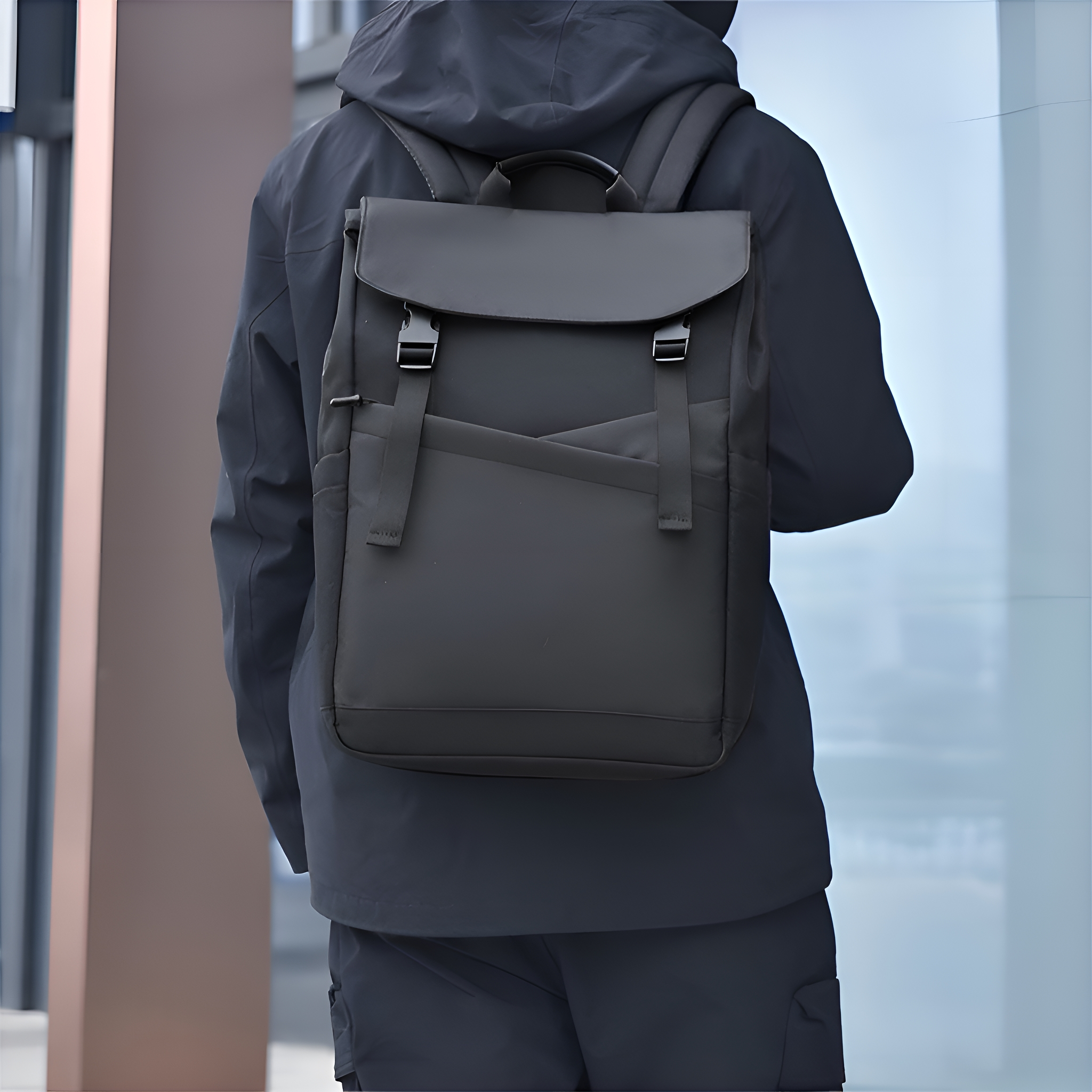 Eine Person, die einen schwarzen Rucksack und eine Jacke trägt, steht draußen. Modernes Design.