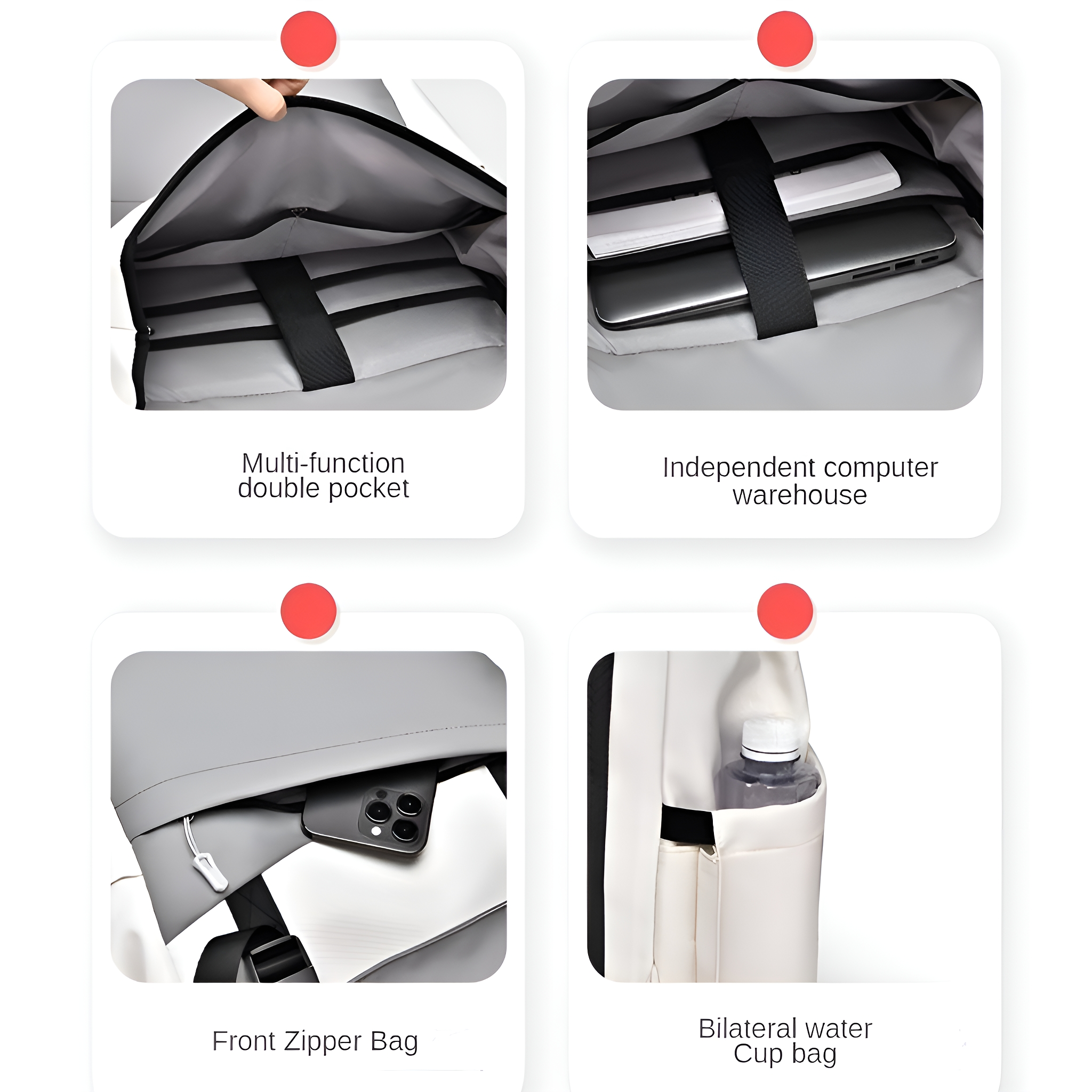 Produktbilder, die einen Rucksack mit mehreren Taschen und einem Wasserflaschenhalter zeigen, alles in Weiß und Schwarz.