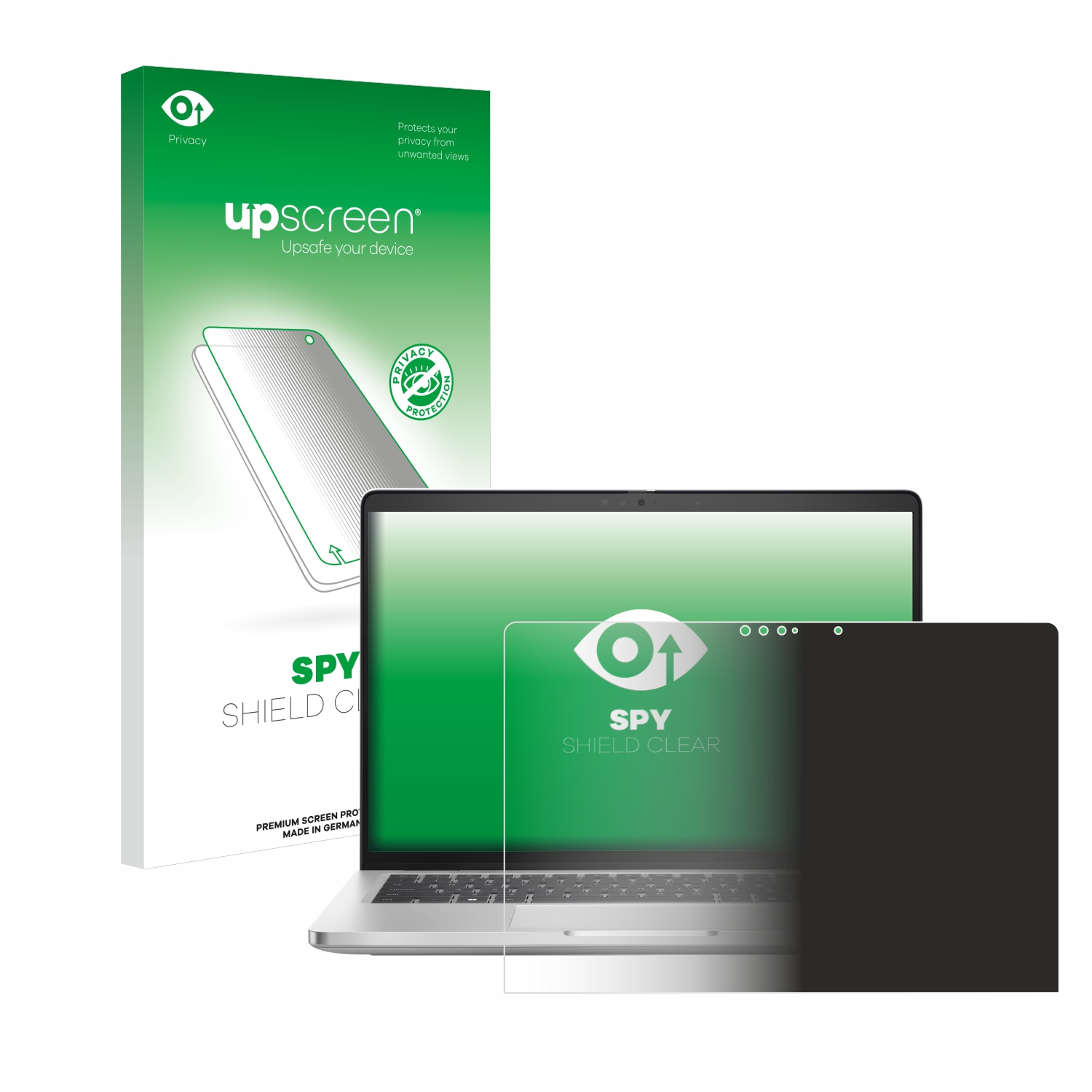 Eine Displayschutzfolienbox und eine schwarze Displayschutzfolie über einem Laptop.