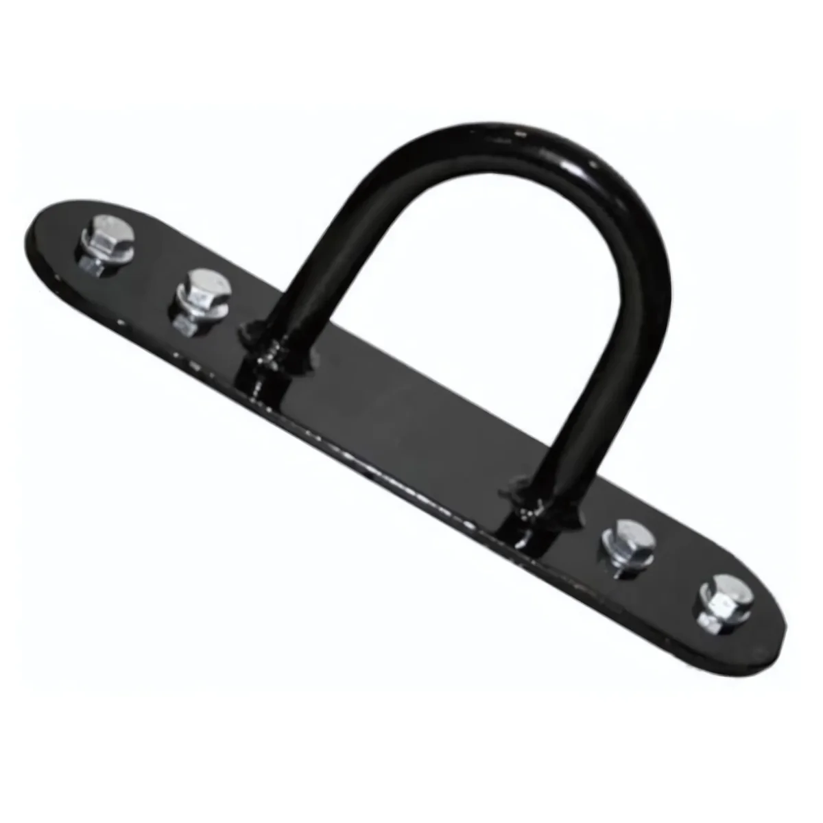 Black metal U-shaped hook mounted on a black plate with three silver bolts.