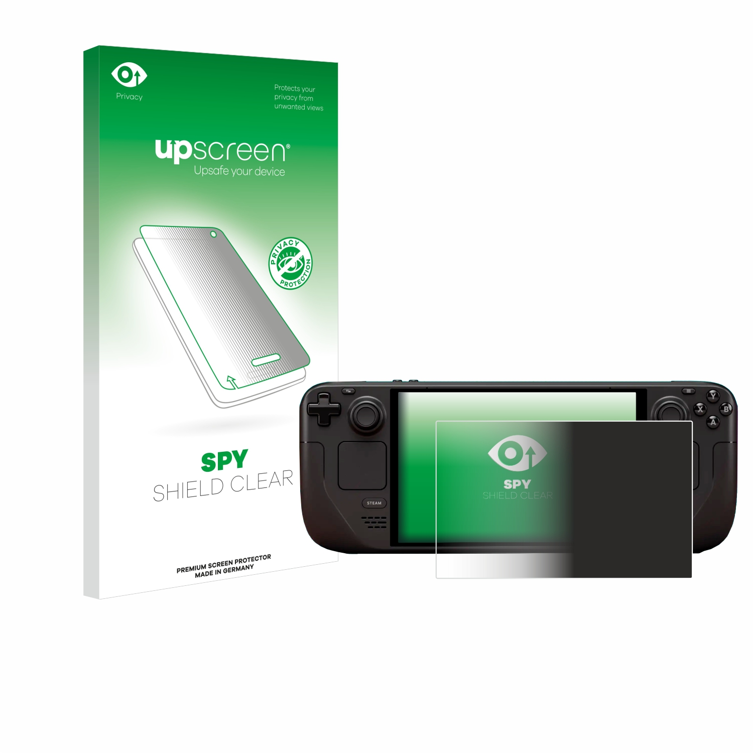 Schwarzes Handheld-Gaming-Gerät mit Displayschutz, Verpackung im Hintergrund. Der Displayschutz ist schwarz.