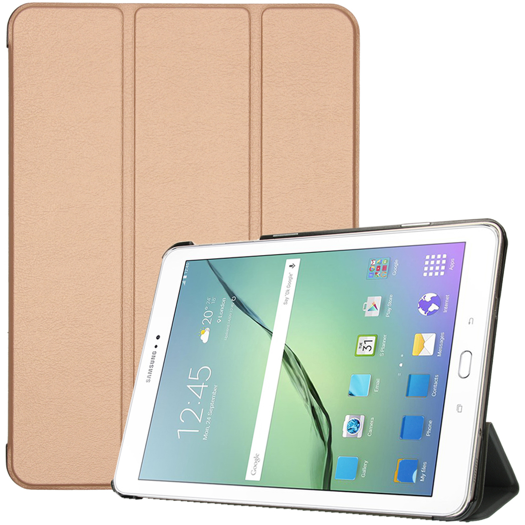 Een tablet met een beige hoes, omhooggezet. Het scherm toont de datum en enkele pictogrammen.