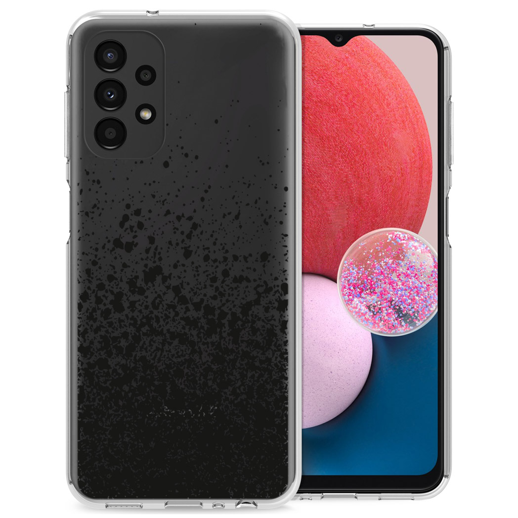 Een telefoon rechts met zwart spetterontwerp, een andere telefoon links en een roze en witte achtergrond.