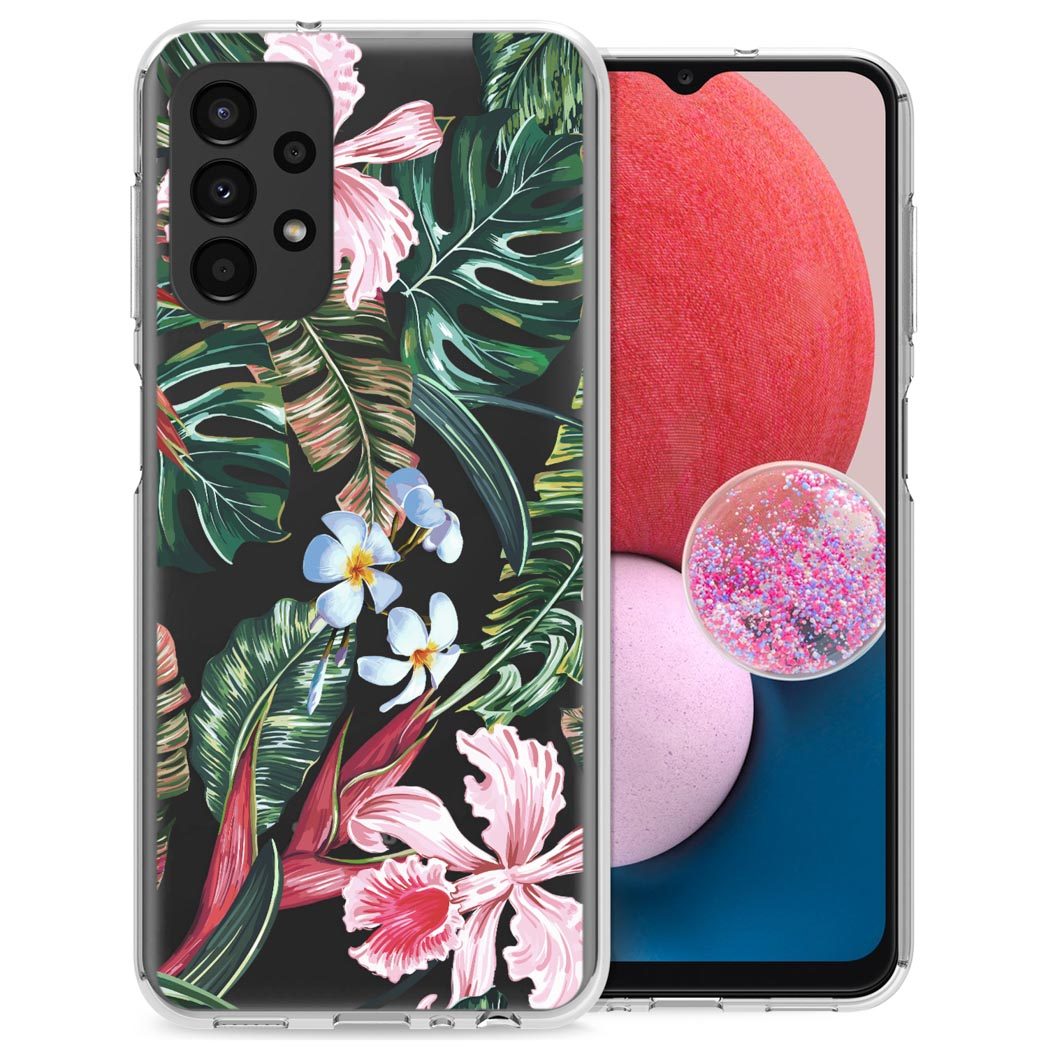 Telefoon met bloemenontwerp op een zwarte achtergrond. Een andere telefoon links, rode en roze achtergrond.
