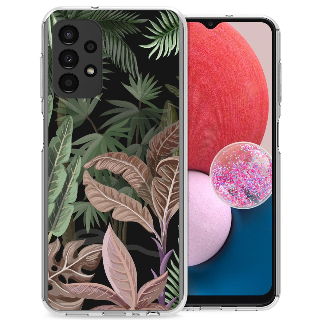 Een telefoonhoesje met een tropisch jungle-ontwerp, met groene en bruine bladeren.
