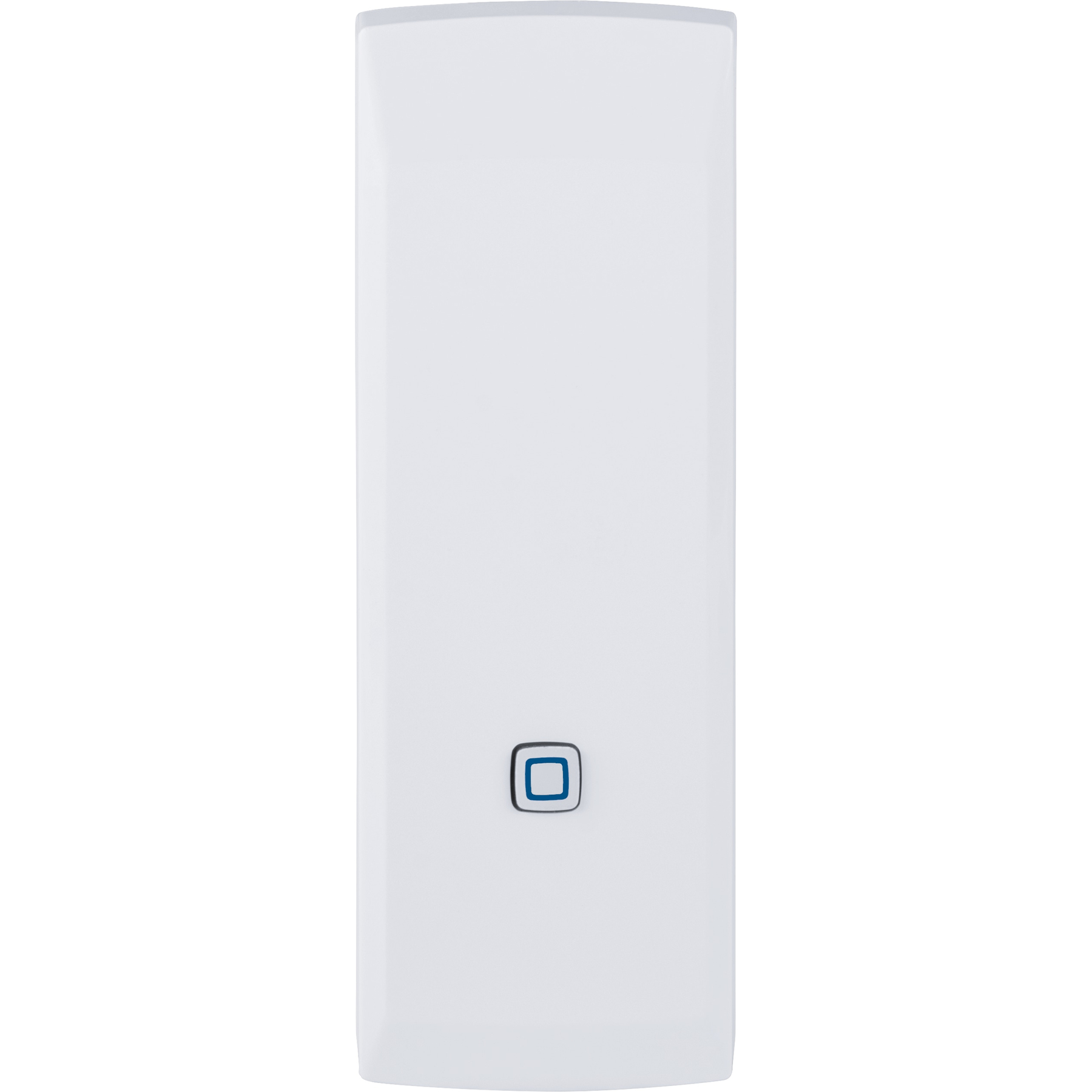 Dispositivo elettronico rettangolare bianco con pulsante quadrato blu.