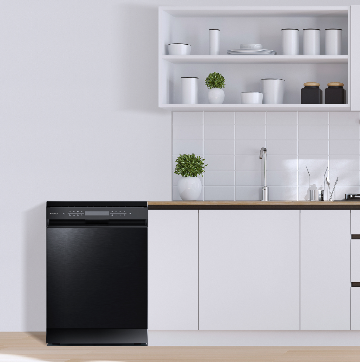 Black dishwasher next to a white cabinet and a white wall, with a plant on top.
