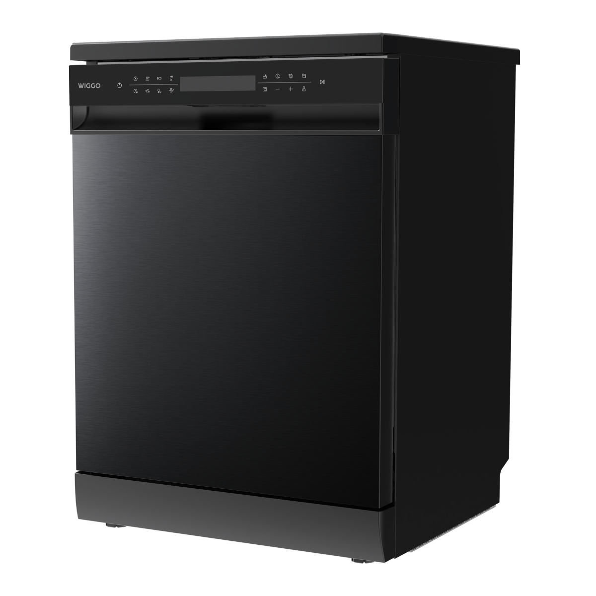 Black dishwasher with a black door and control panel. The brand name is 'Wiggo'.
