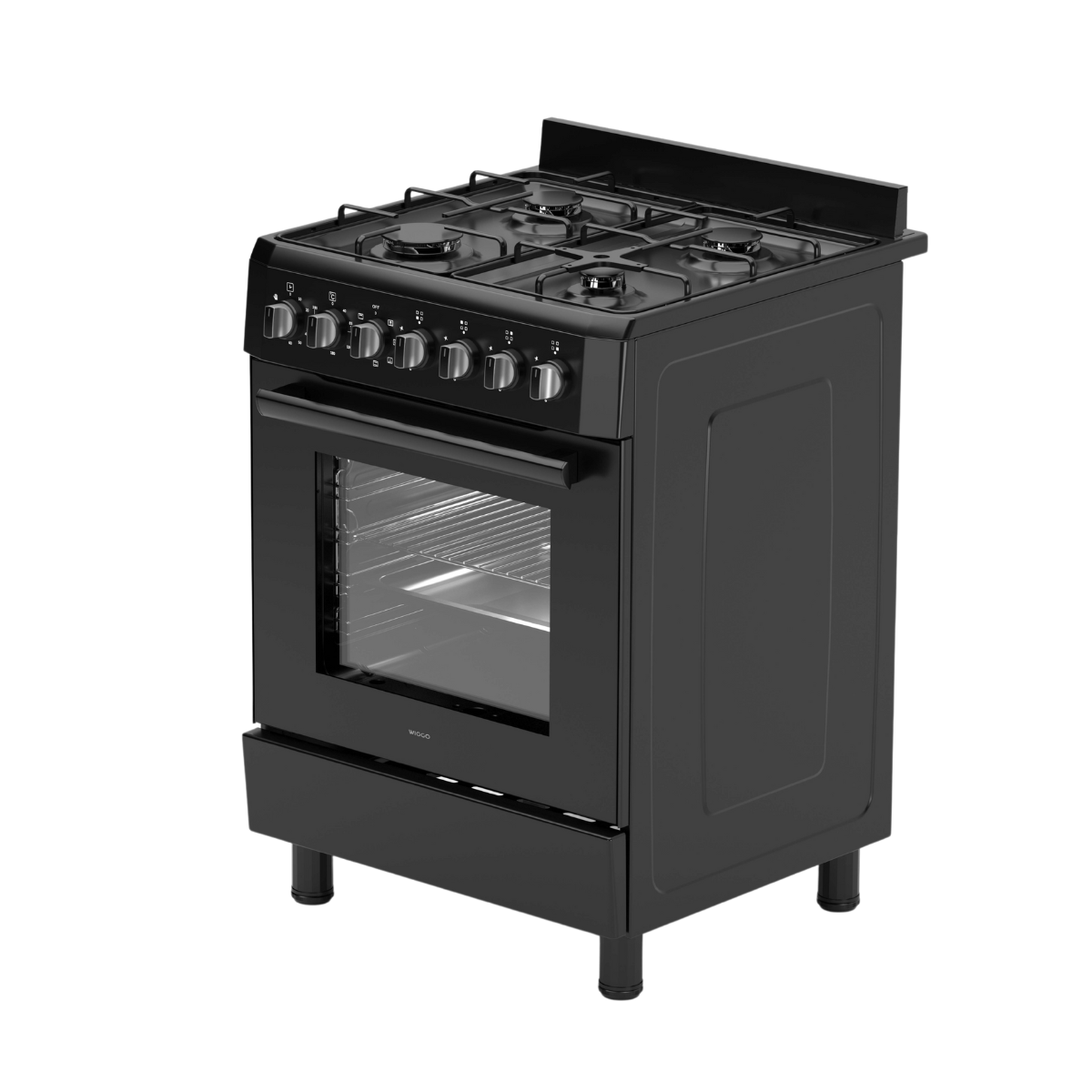 Black gas stove. Four burners on top, oven below. Black color.
