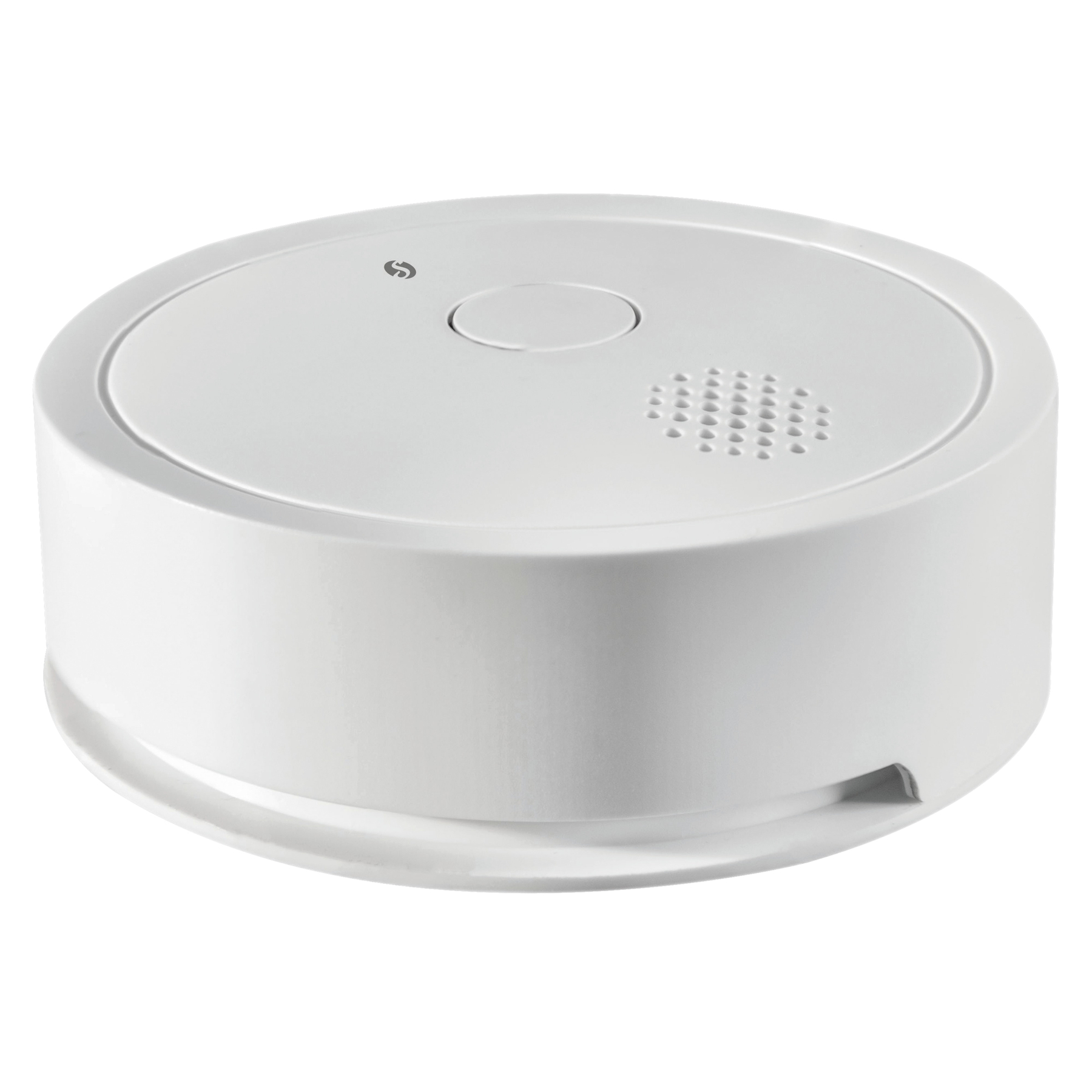 Biały czujnik dymu. Okrągły kształt, centralny przycisk i małe otwory.