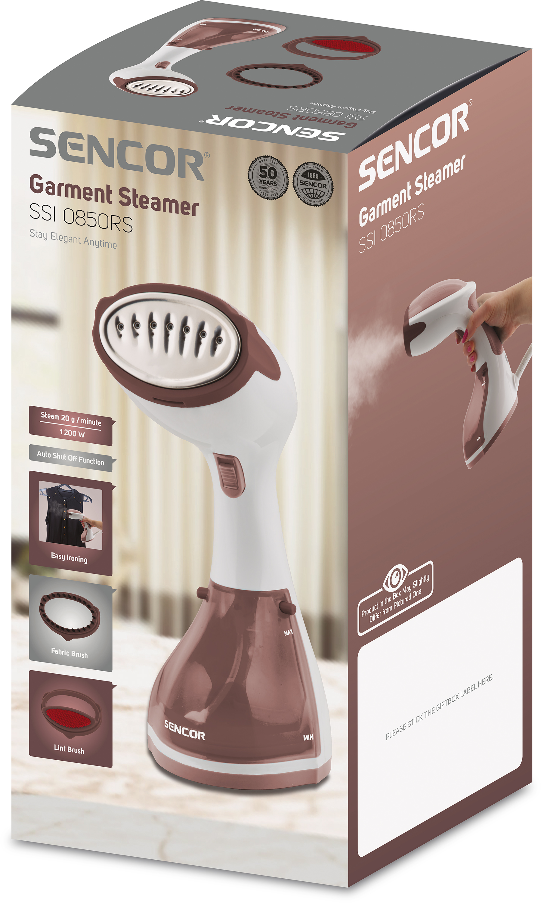 Scatola vaporizzatore SENCOR: vaporizzatore, design bianco e marrone, informazioni.