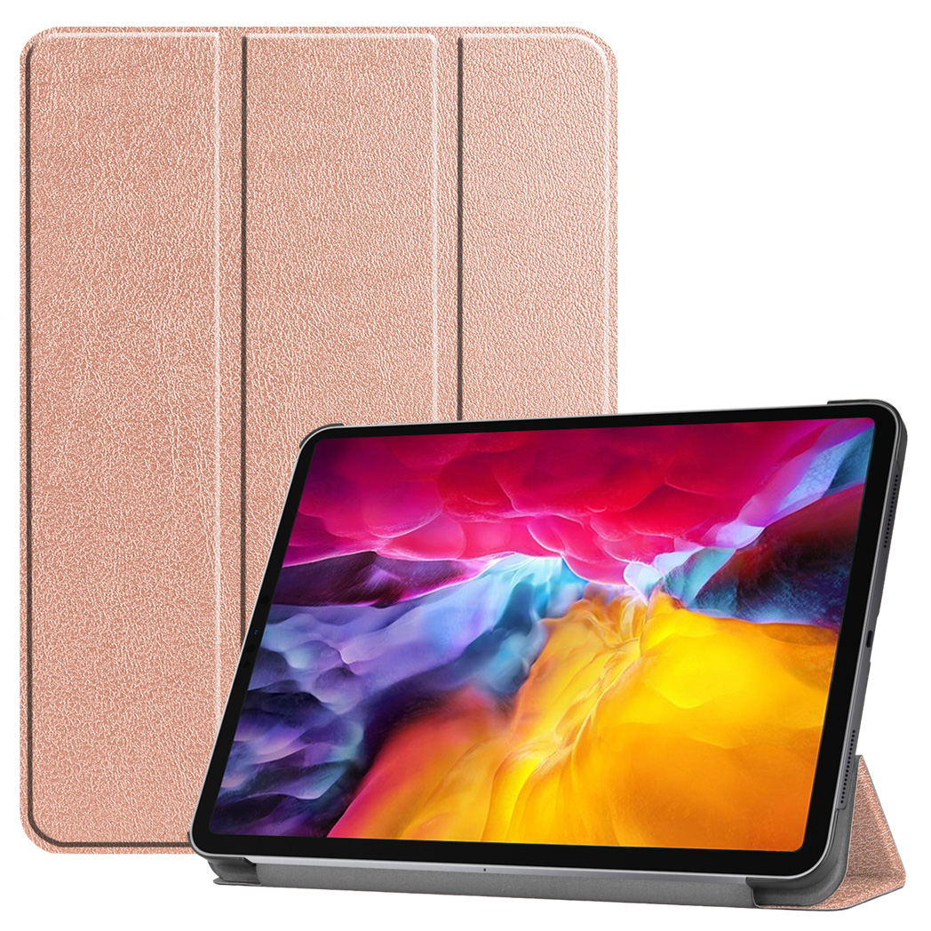 A pink tablet case and a tablet with a colorful screen, set against a white background.