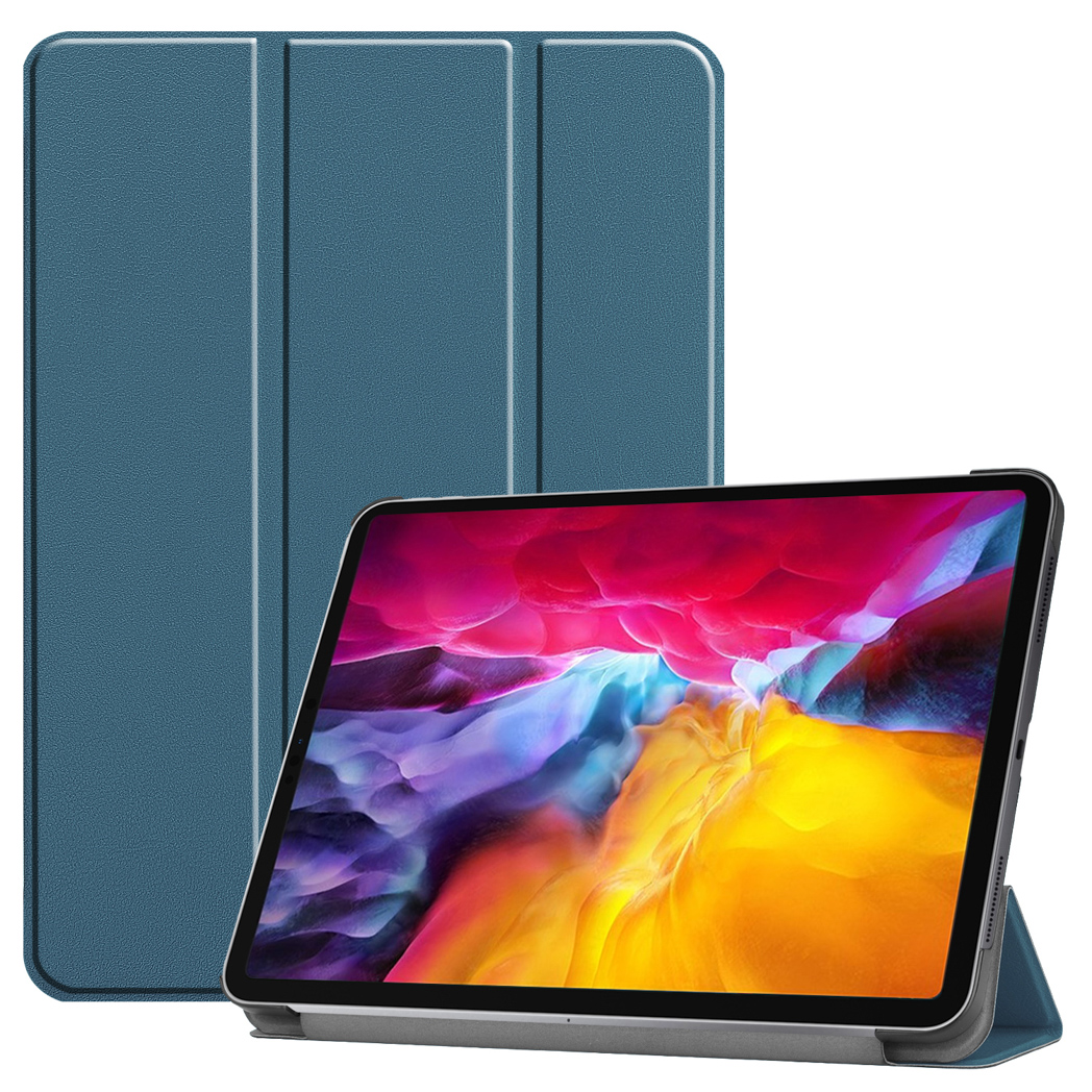 Custodia blu per tablet sollevata; visibile un tablet con schermo colorato.