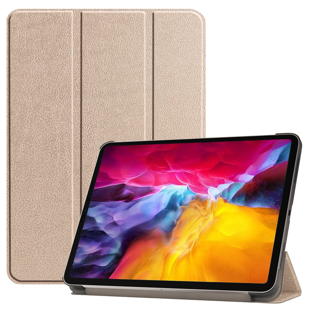 Tablet with screen on a stand, gold cover on the left.