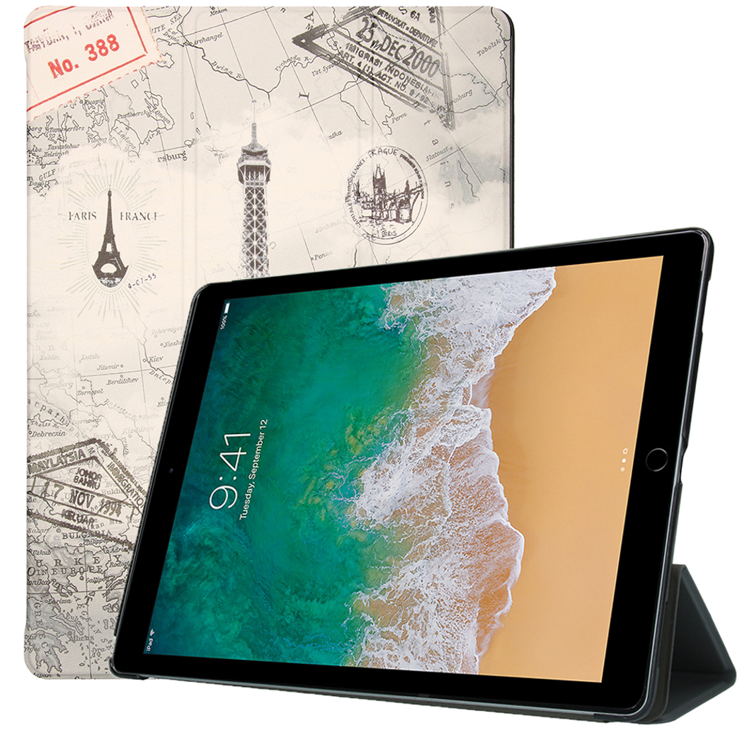 Tablet on a stand, travel-themed cover. Display shows time and map.