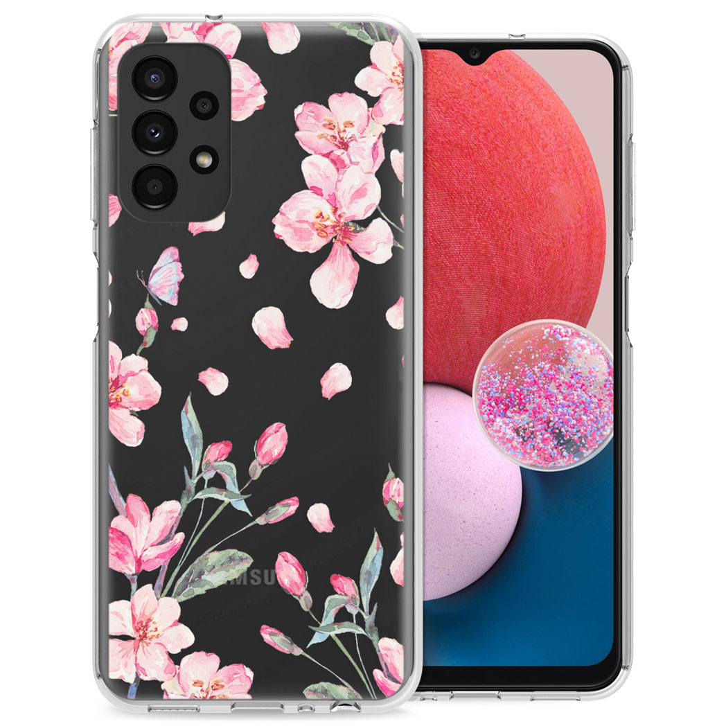 Telefoonhoesje met roze bloemen op zwarte achtergrond. Andere telefoon links, rode en roze achtergrond.