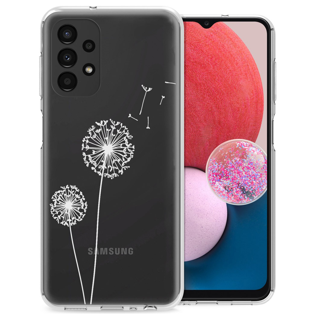 Telefoonhoesje met een paardenbloemontwerp op een zwarte achtergrond. Samsung telefoon is zichtbaar.