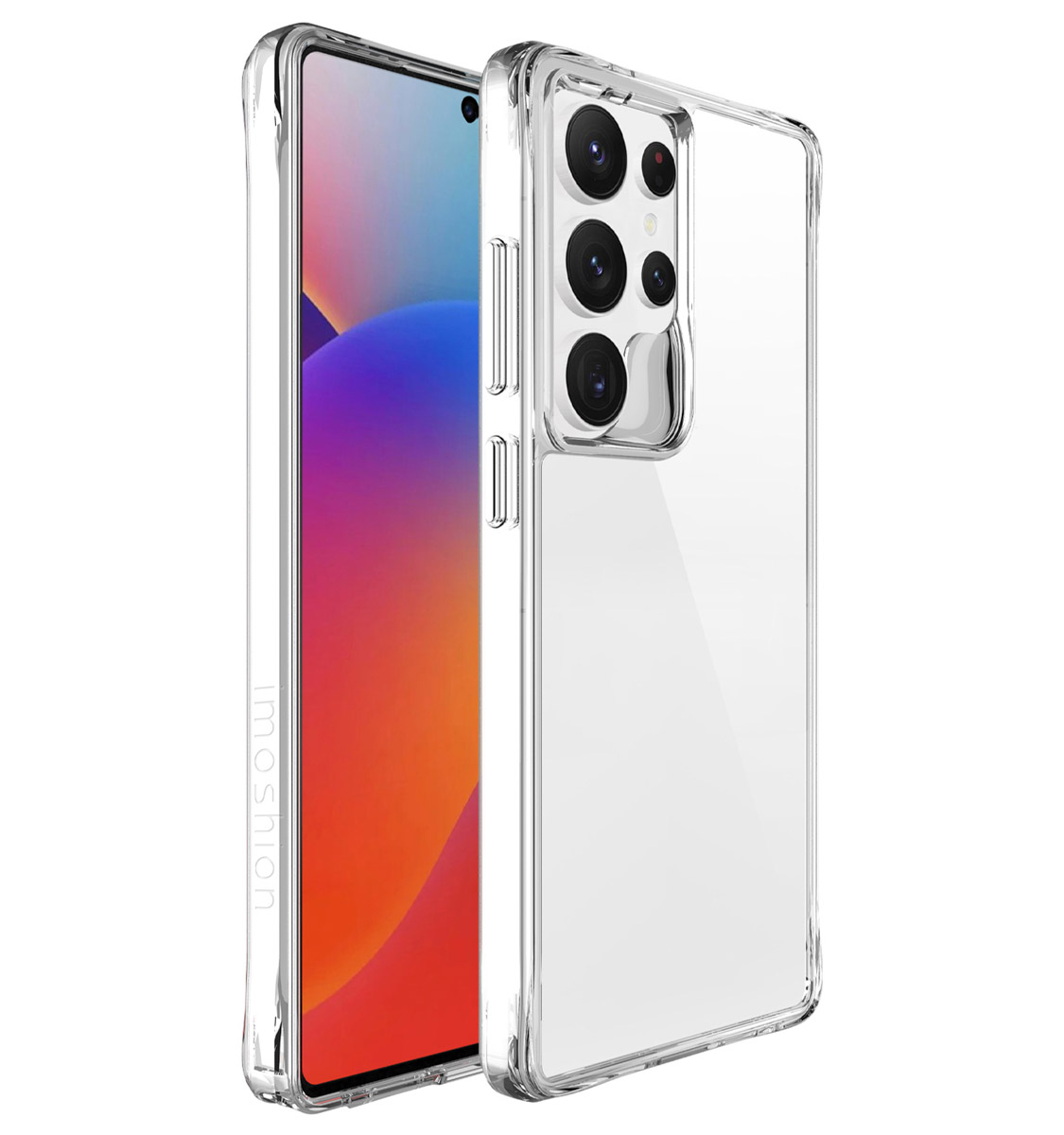 Una custodia trasparente per telefono con un telefono all'interno. Sfondo bianco.