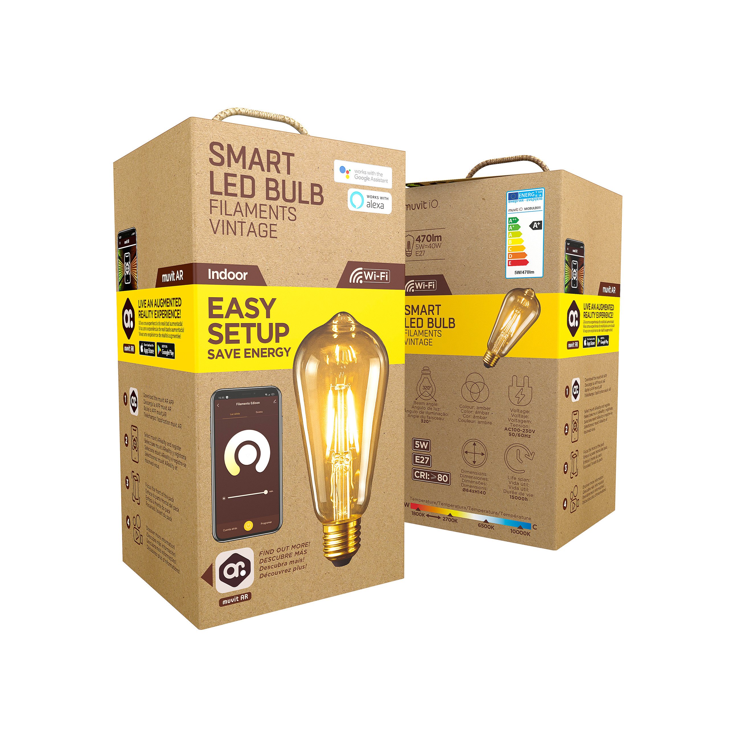 Dwa kartonowe pudełka. Jeden pokazuje inteligentną żarówkę LED, drugi etykietę efektywności energetycznej.