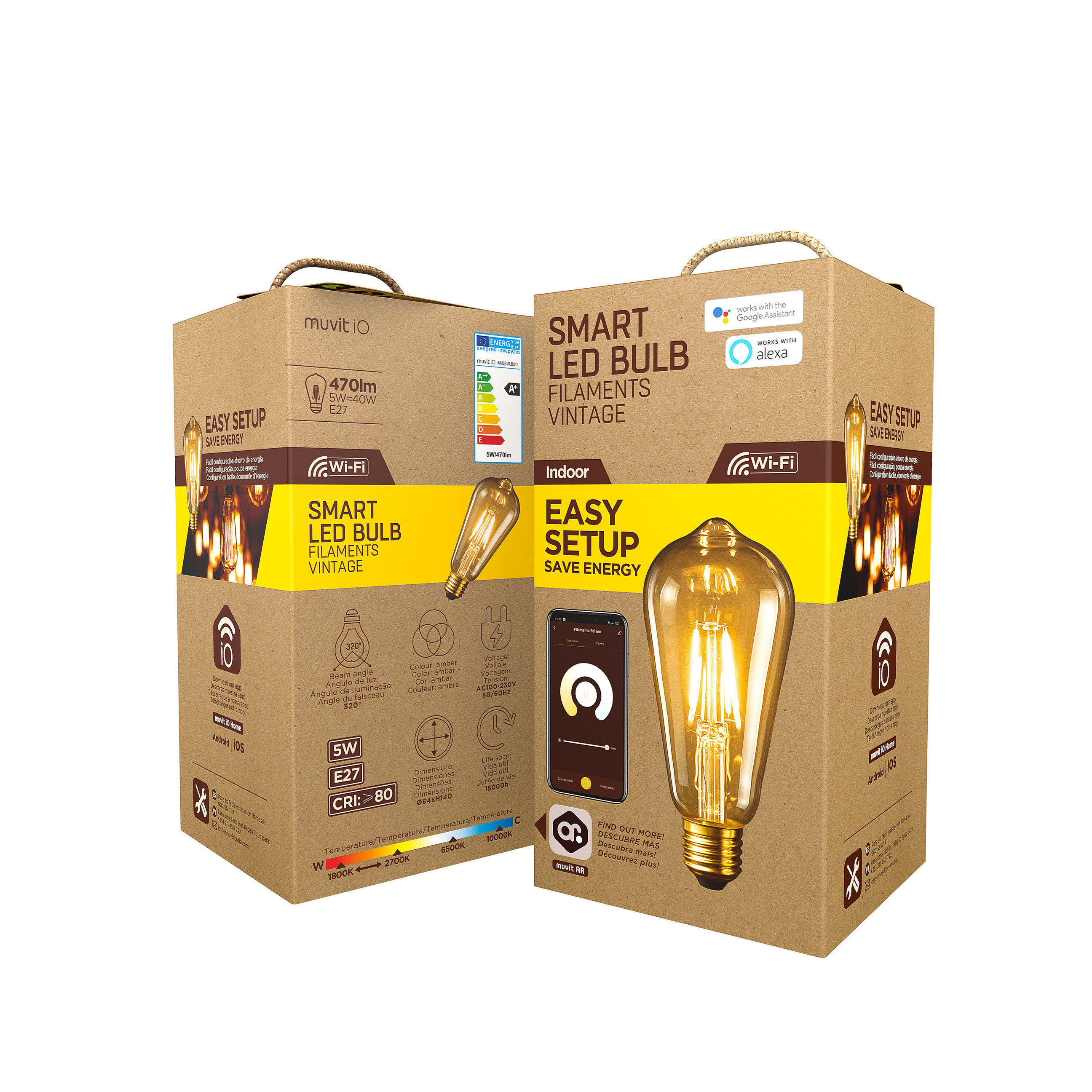 Dwa pudełka na inteligentne żarówki LED, brązowe, z tekstem i obrazem żarówki.