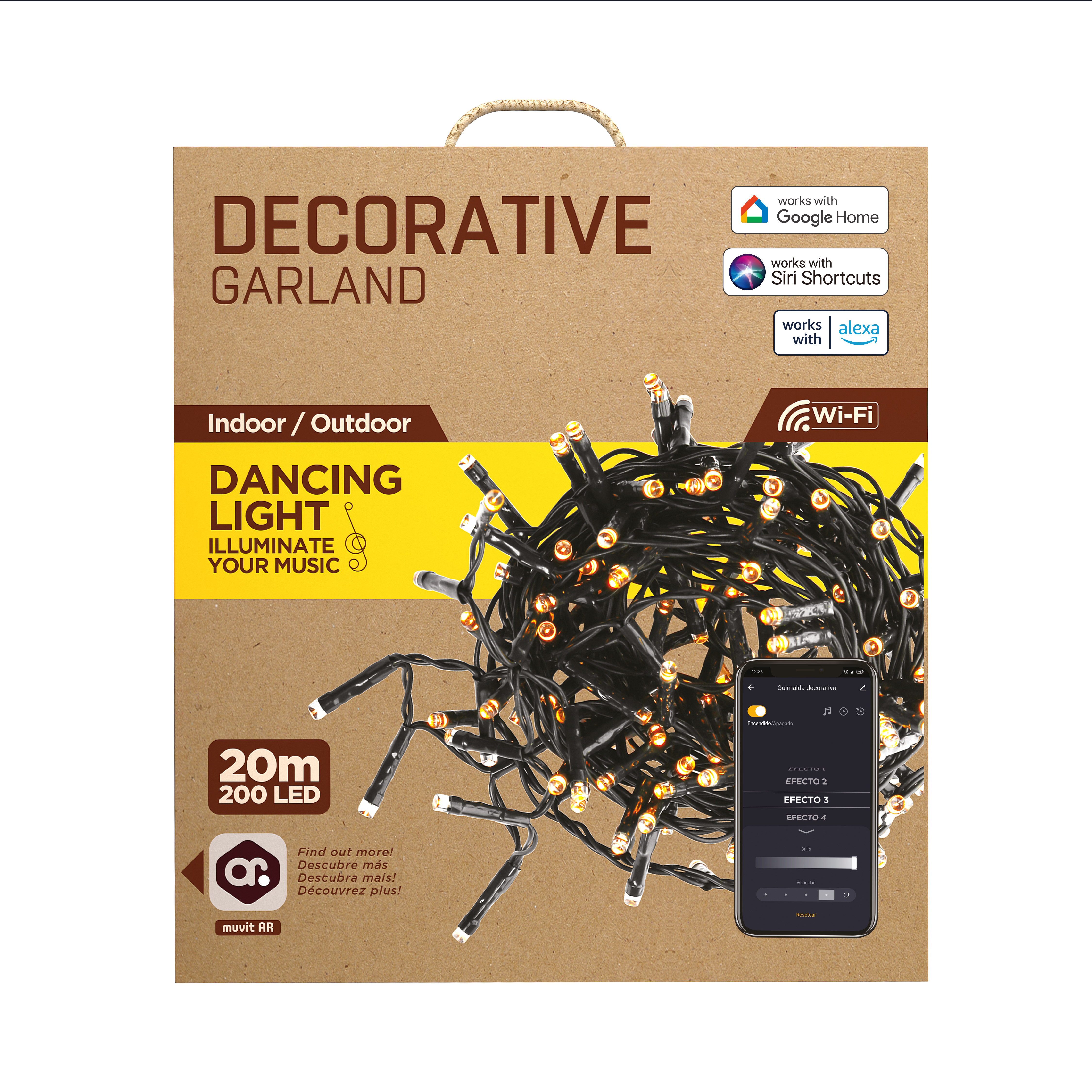 Una scatola di cartone marrone con una ghirlanda decorativa e testo pubblicitario.