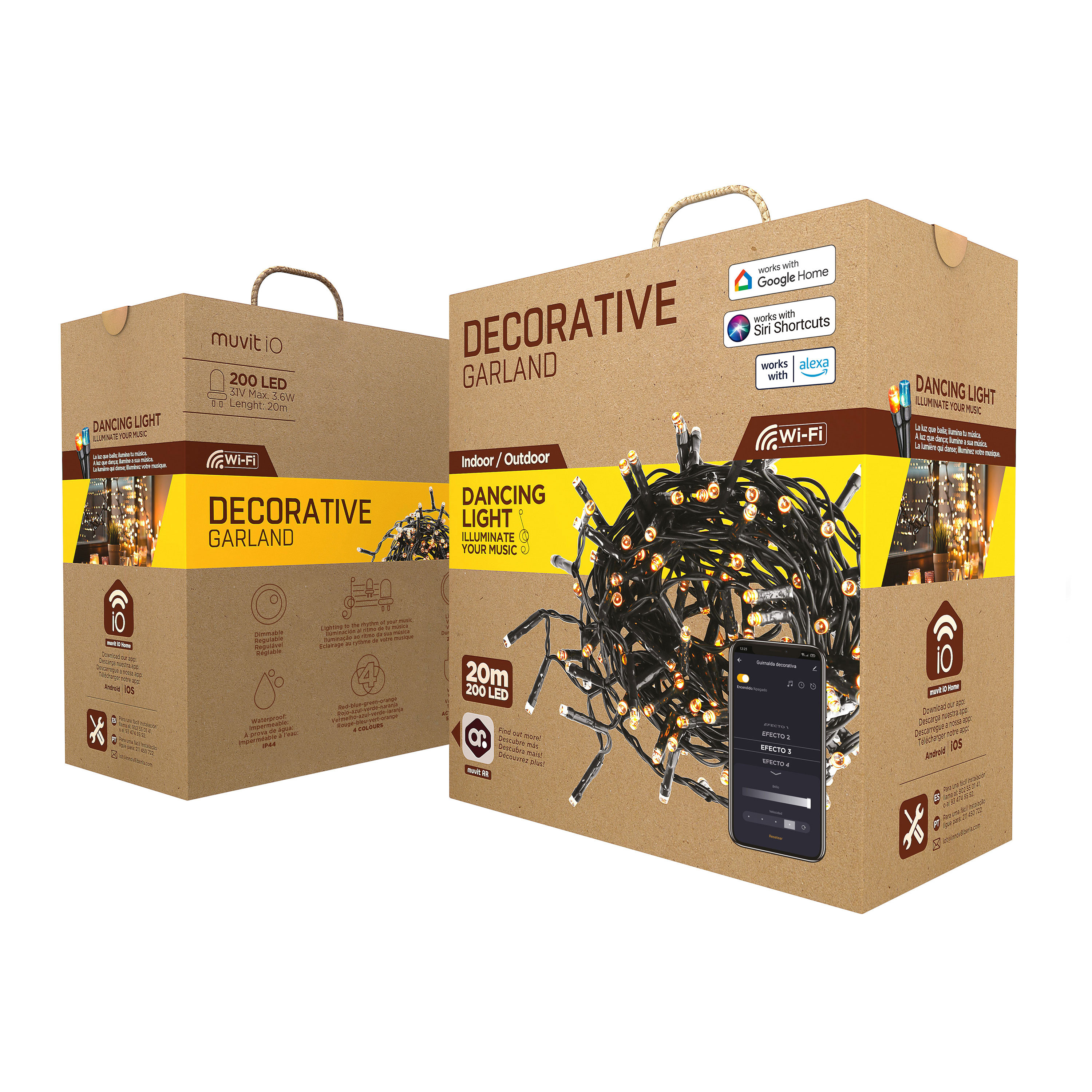 Due scatole di cartone di luci decorative. Luci con lampadine gialle e smartphone con l'app.