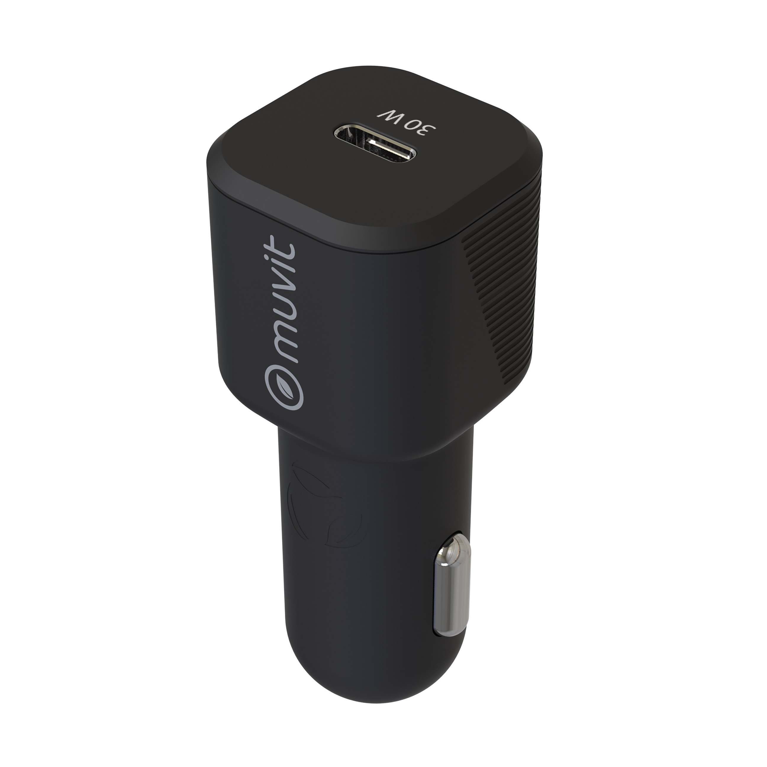 Cargador de coche Muvit negro, puerto USB-C, 30W, sobre fondo blanco.