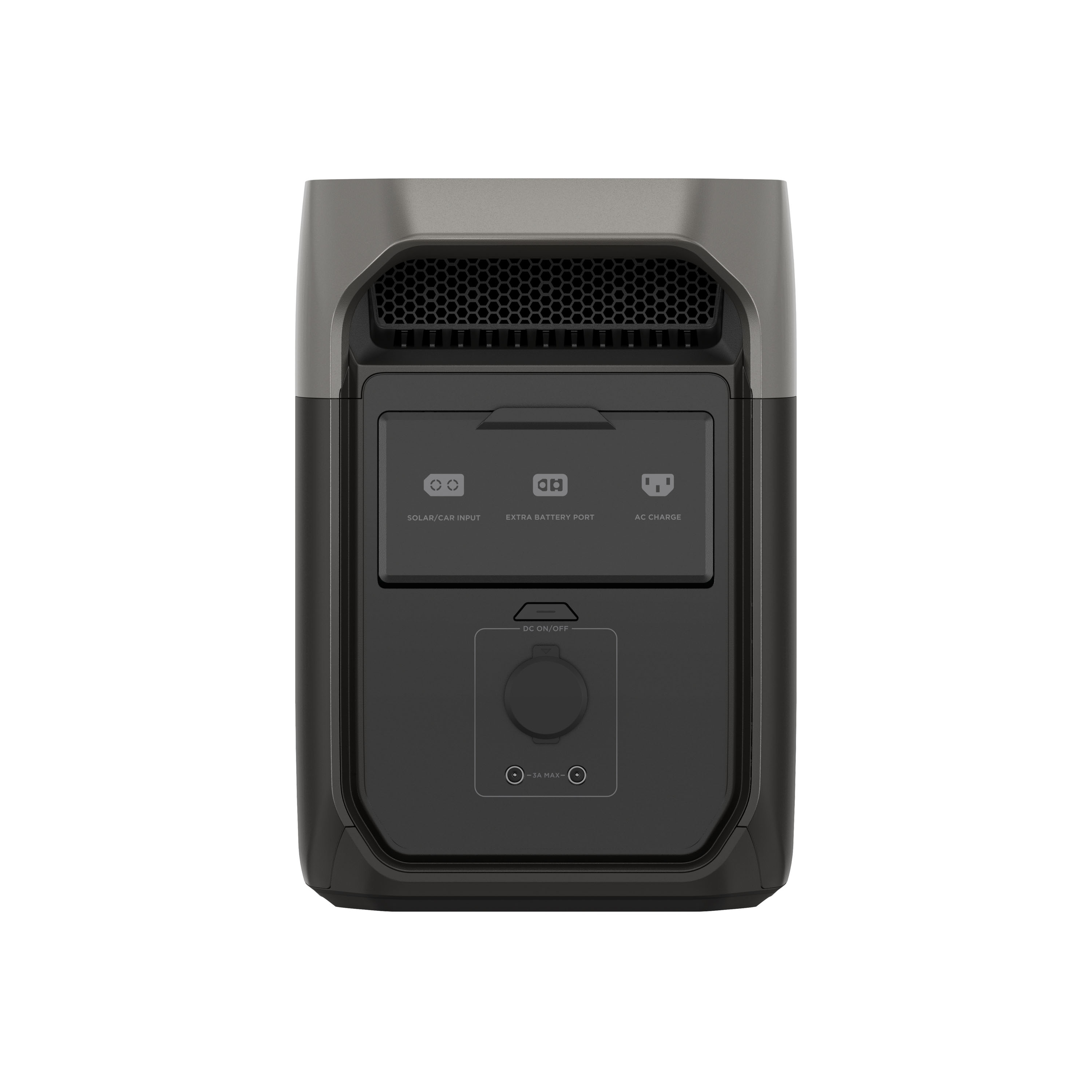 Czarno-szara przenośna elektrownia z portami i przyciskiem włączania/wyłączania prądu stałego.