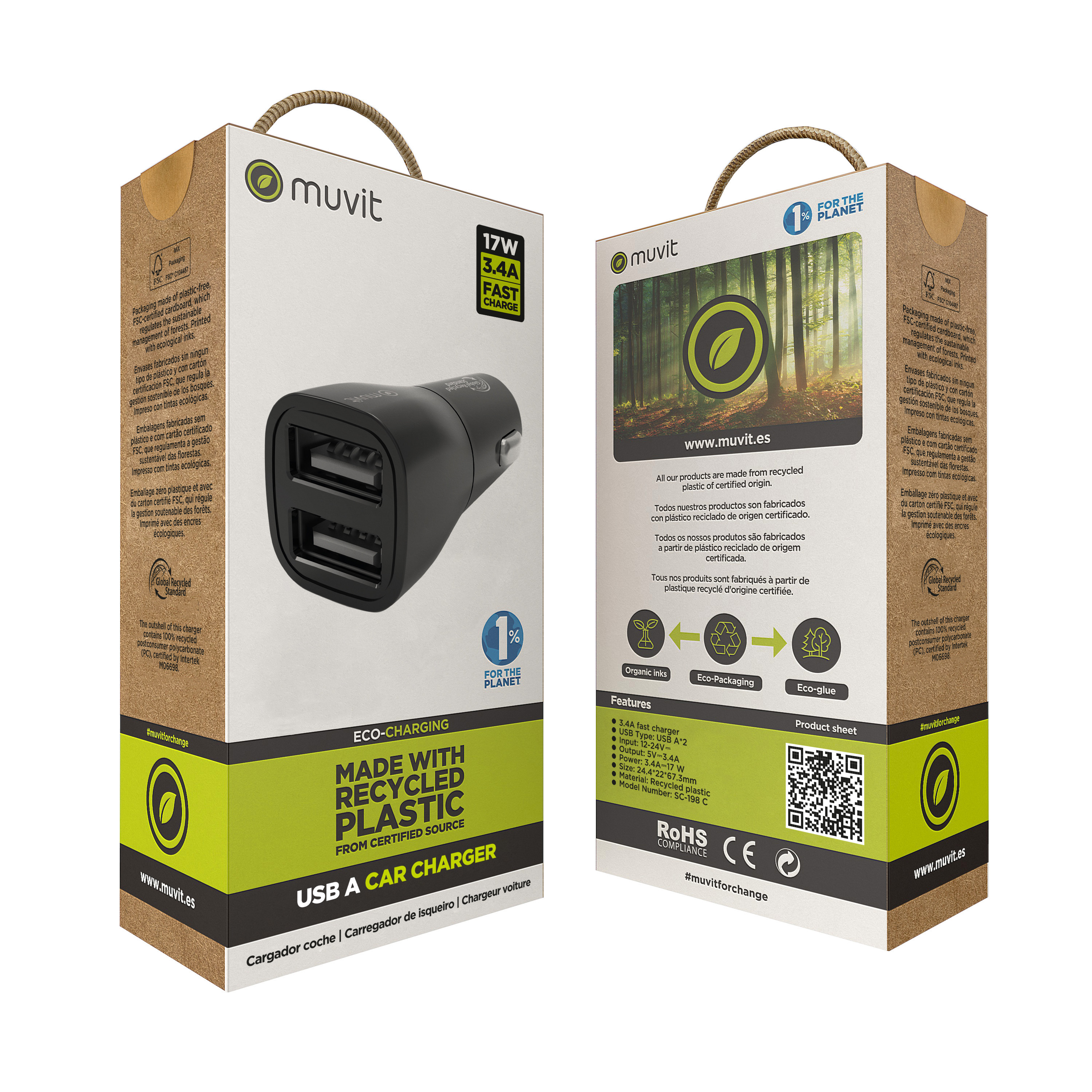 Cargador de coche negro con dos puertos USB en una caja de cartón con texto y asa.