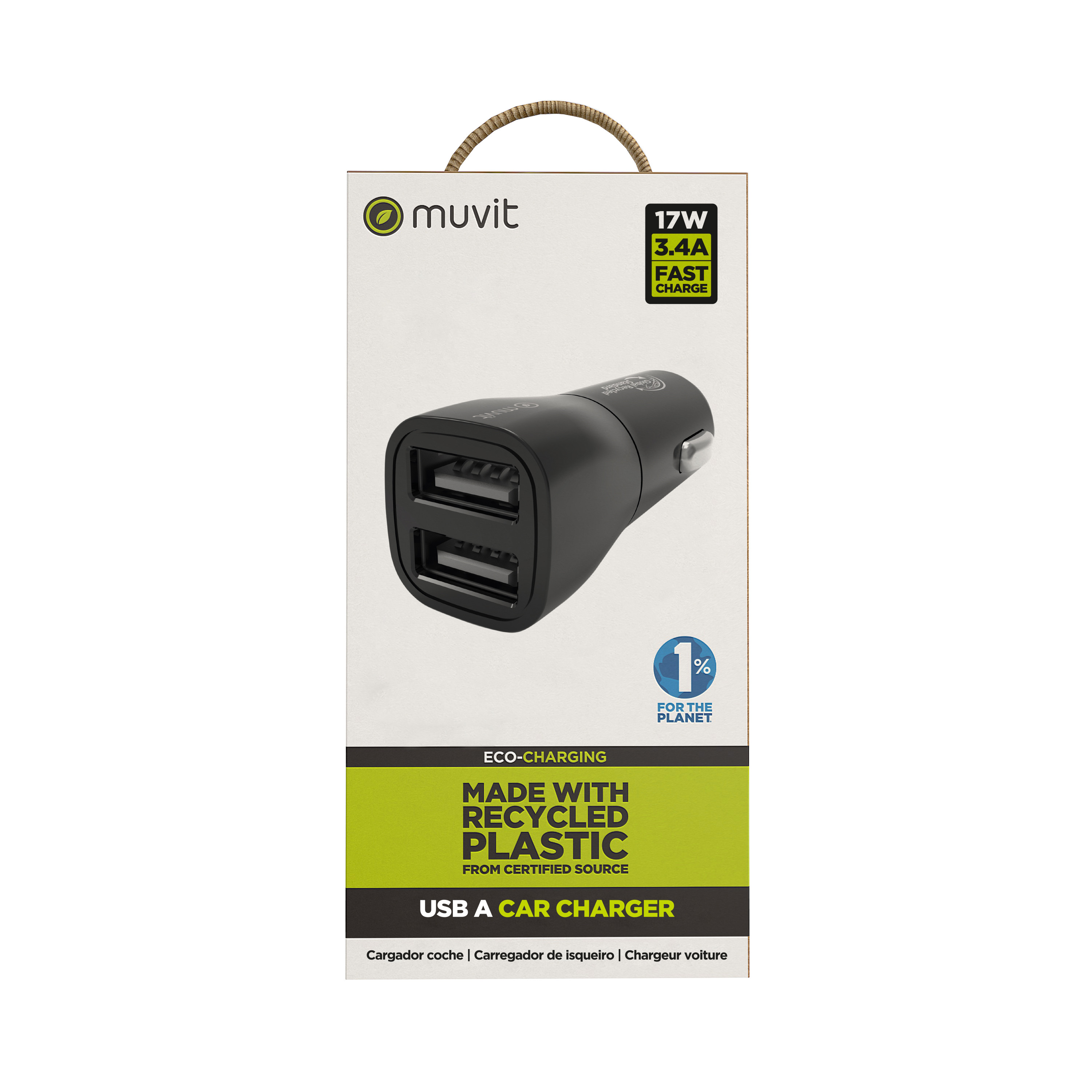 Cargador USB para coche en embalaje. Cargador negro con dos puertos. Embalaje incluye logos y texto.