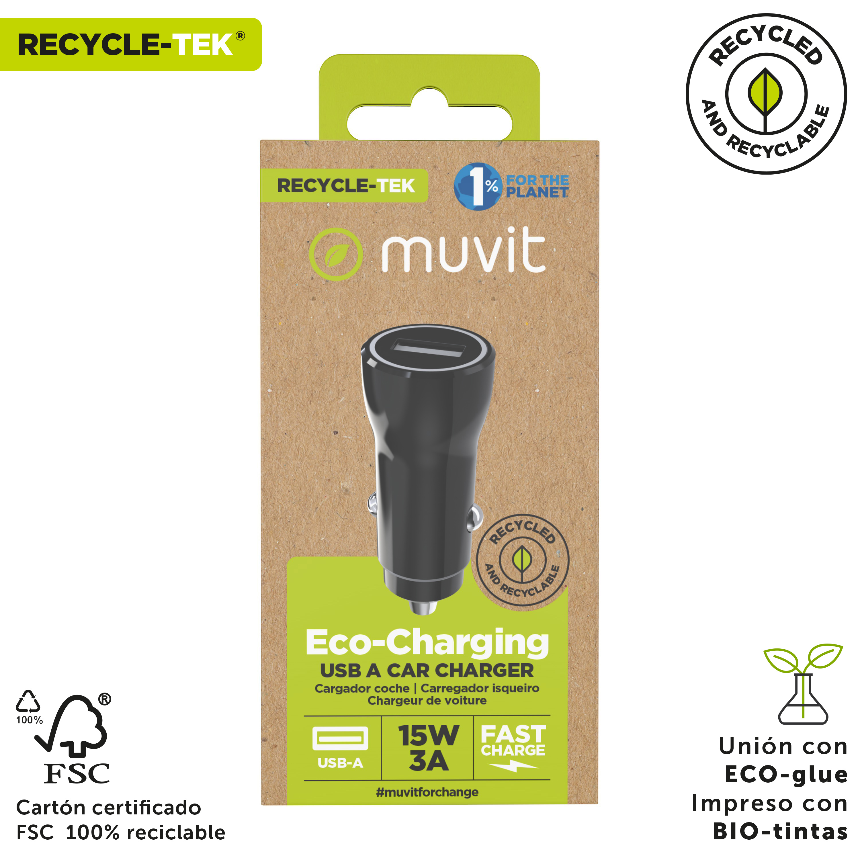 Cargador de coche USB Eco-Charging en una caja marrón y verde. Texto y logotipos impresos.