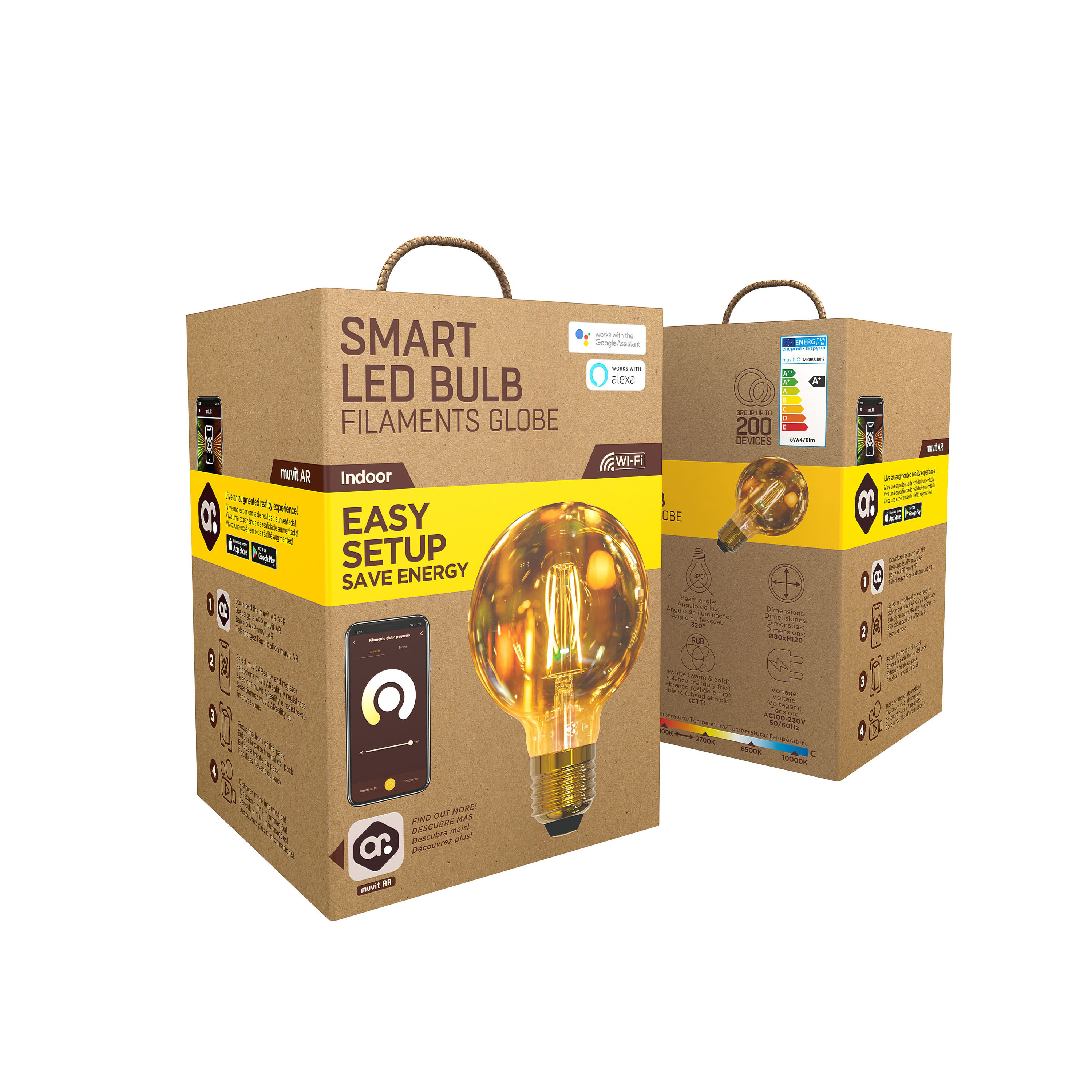 Dwa kartonowe pudełka z inteligentną żarówką LED na froncie. Jedno pudełko ma uchwyt.