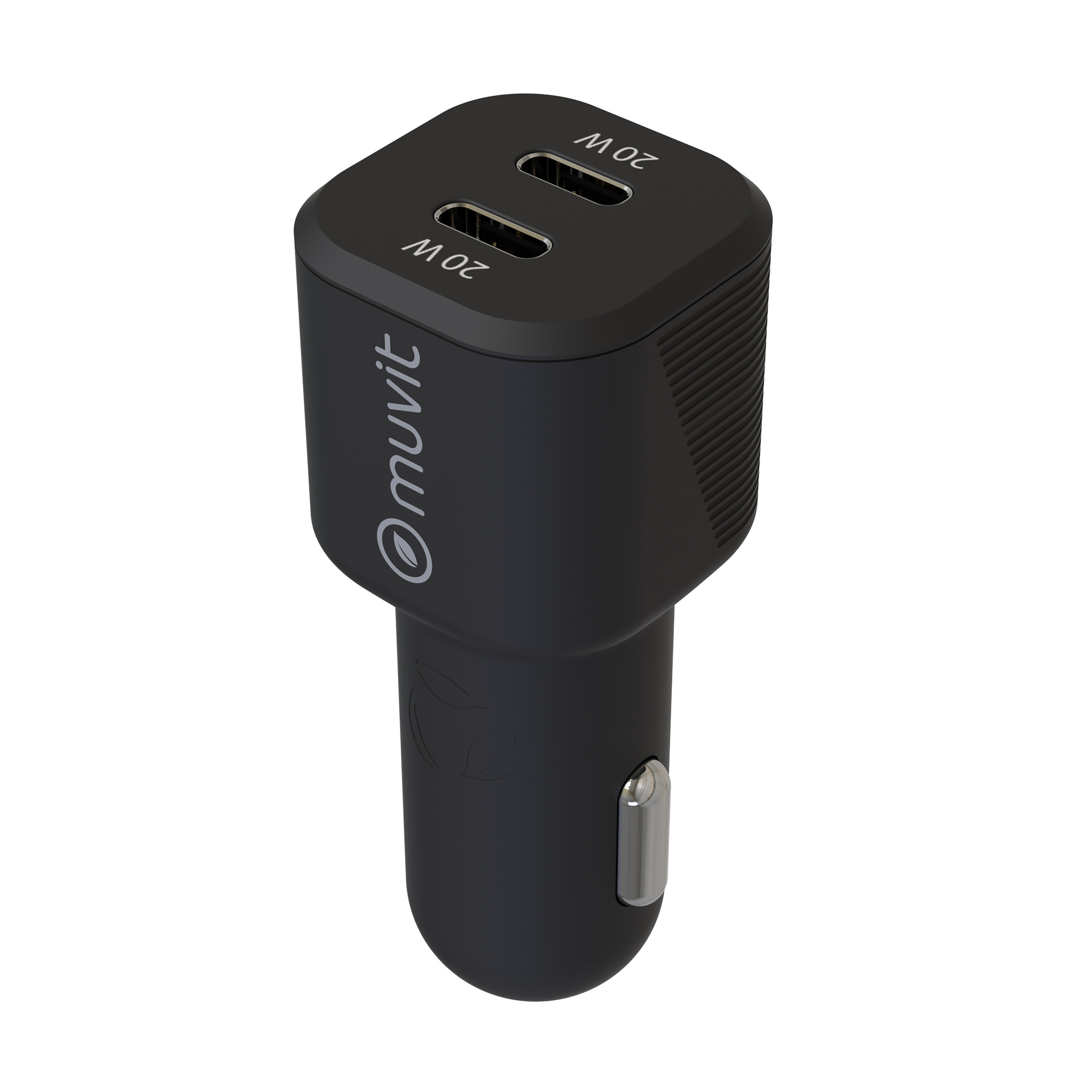 Cargador de coche negro con dos puertos USB-C, cada uno etiquetado 20W, y el logotipo de Muvit. Sobre fondo blanco.