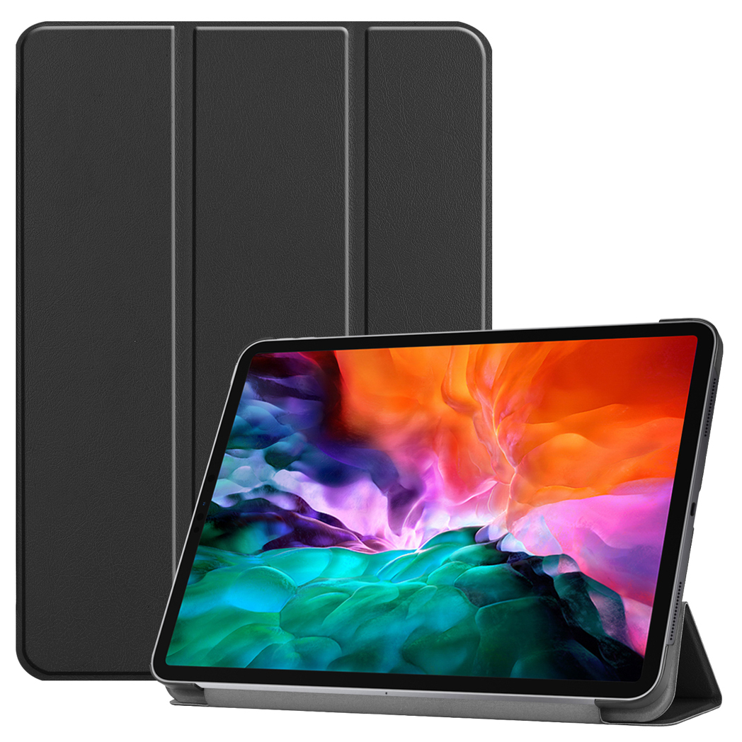 A black tablet in a black case, with the case open and displaying the tablet.