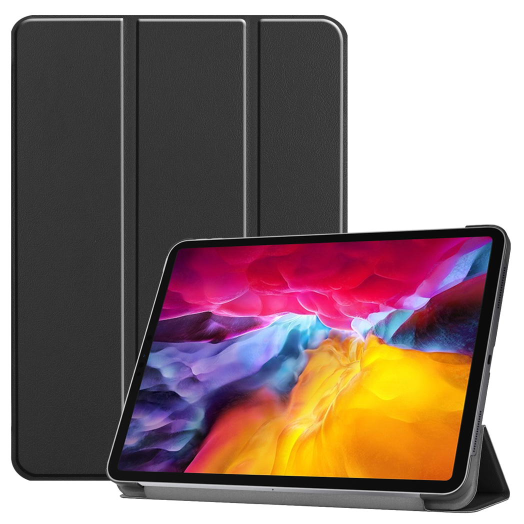 Un tablet nero in una custodia nera, con la custodia aperta e che mostra il tablet.