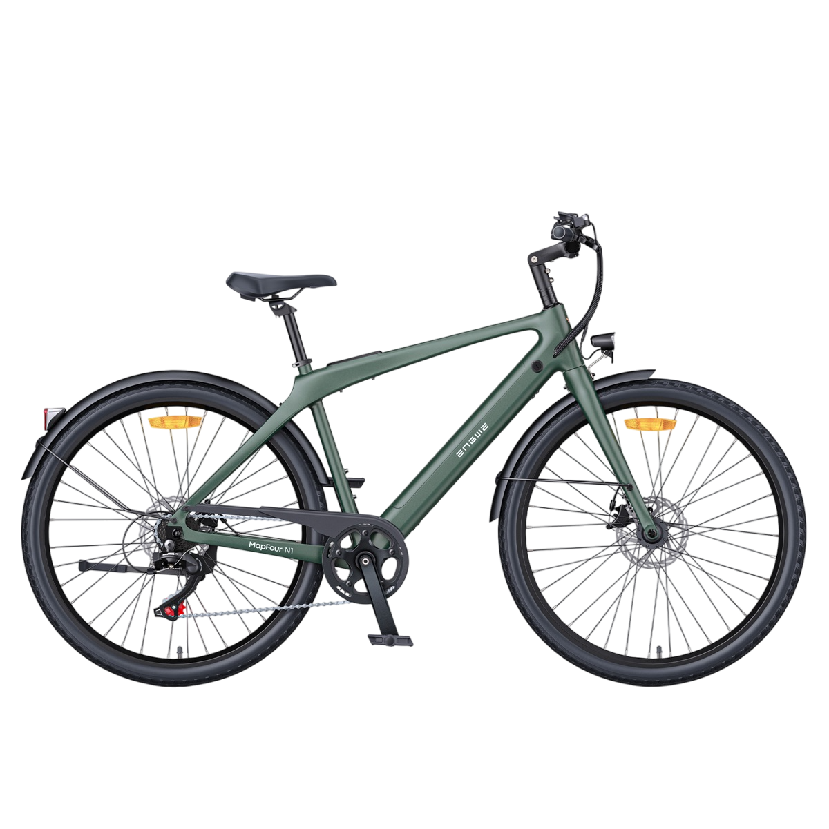 Grünes E-Bike auf weißem Hintergrund. Es hat schwarze Reifen und einen schwarzen Sitz.