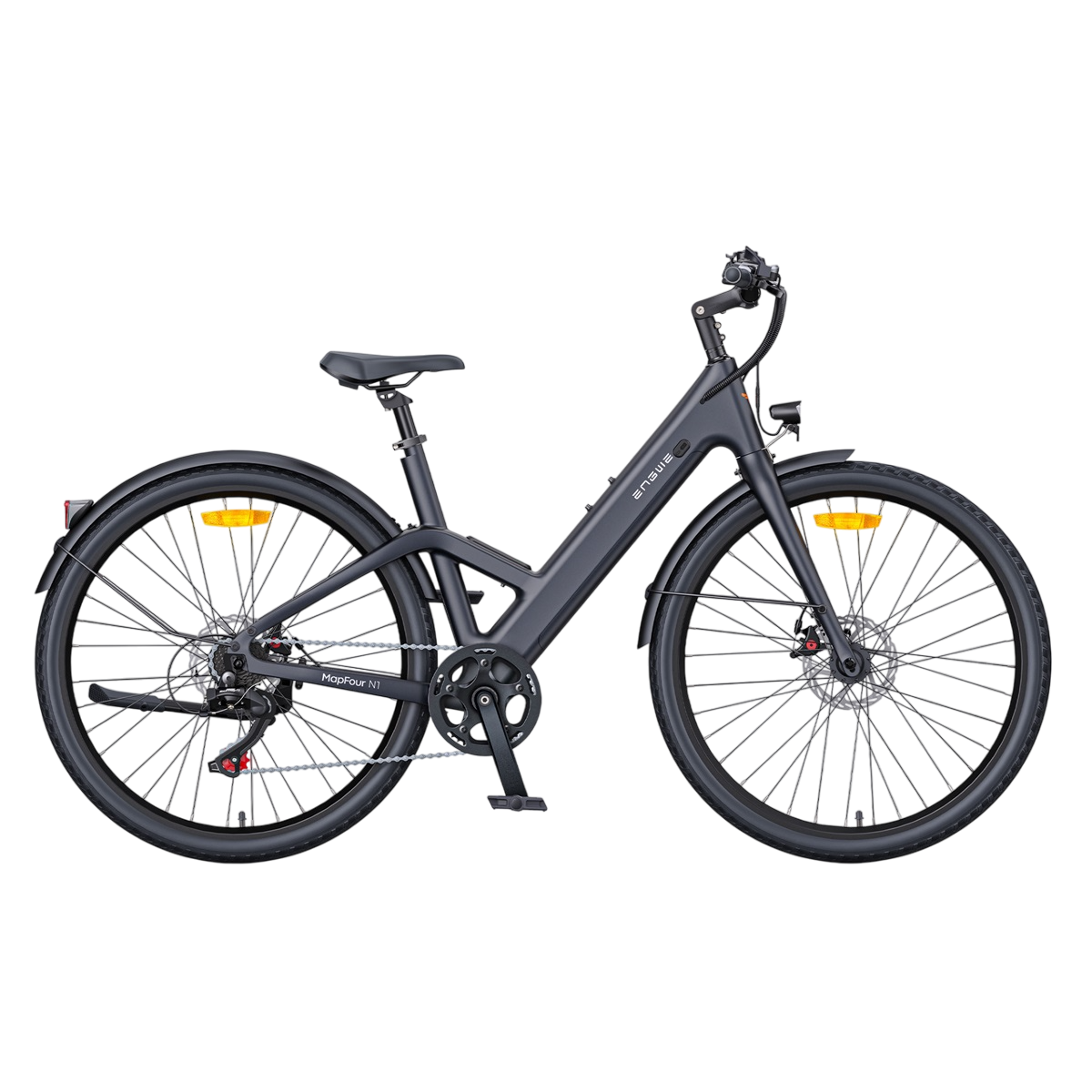 Ein schwarzes Elektrofahrrad mit grauem Rahmen, schwarzen Reifen und orangen Reflektoren.