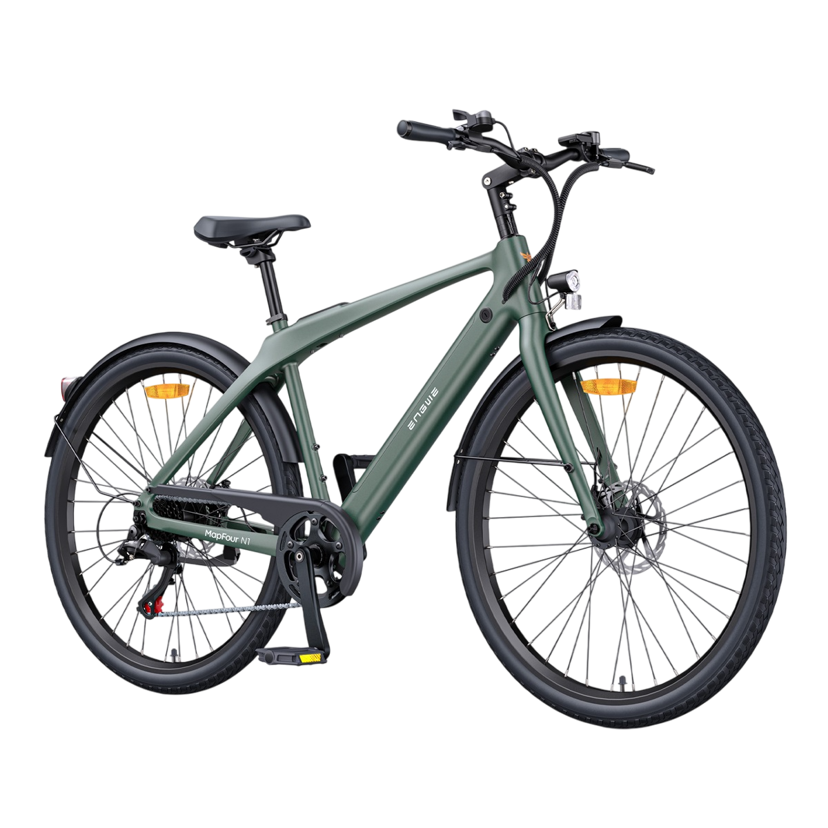 Grünes Elektrofahrrad. Es hat einen schwarzen Sitz, Reifen und Lenker. Es hat Schutzbleche und ein Licht.