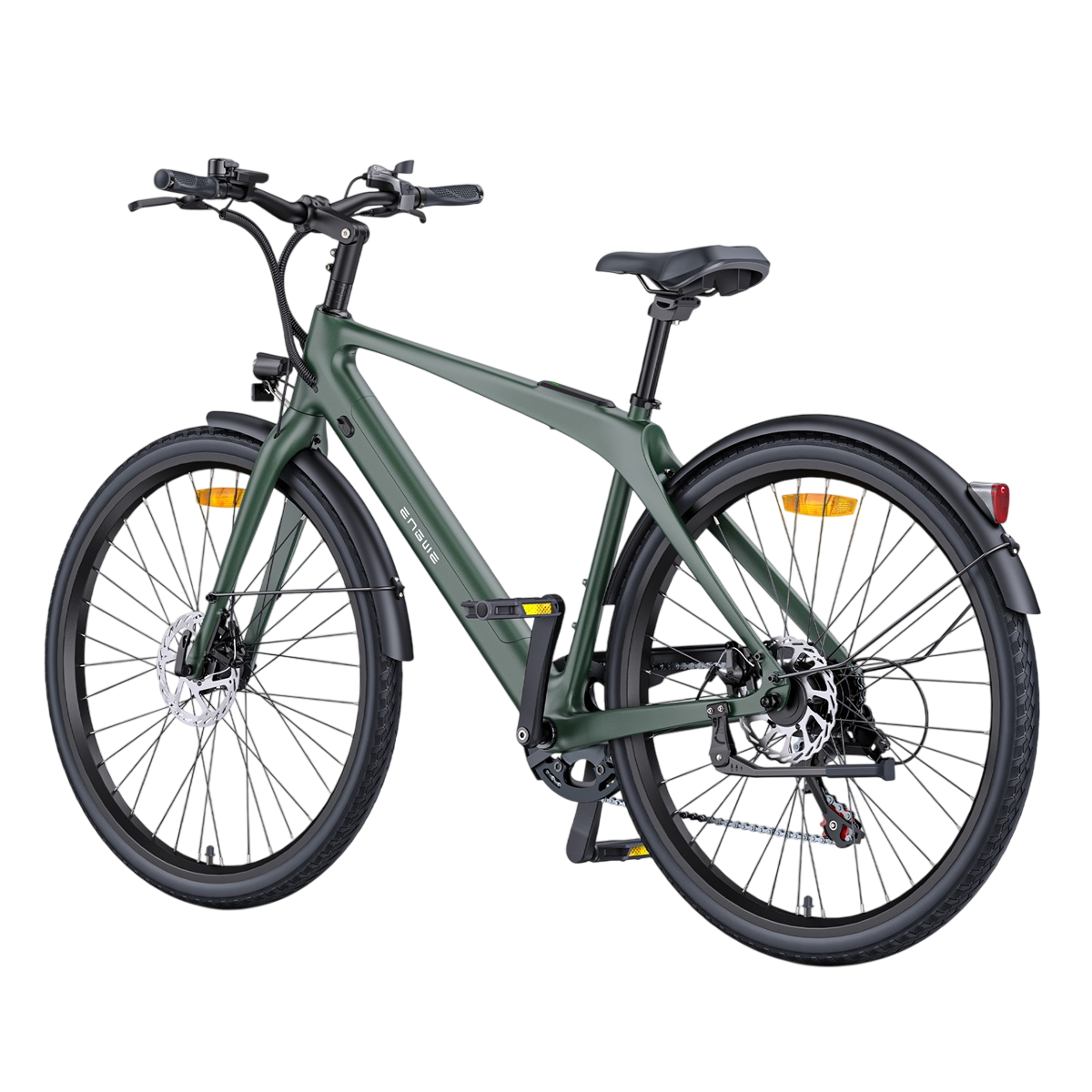 Grünes Elektrofahrrad. Schwarze Reifen, Schutzbleche und Sitz. Korb vorne.