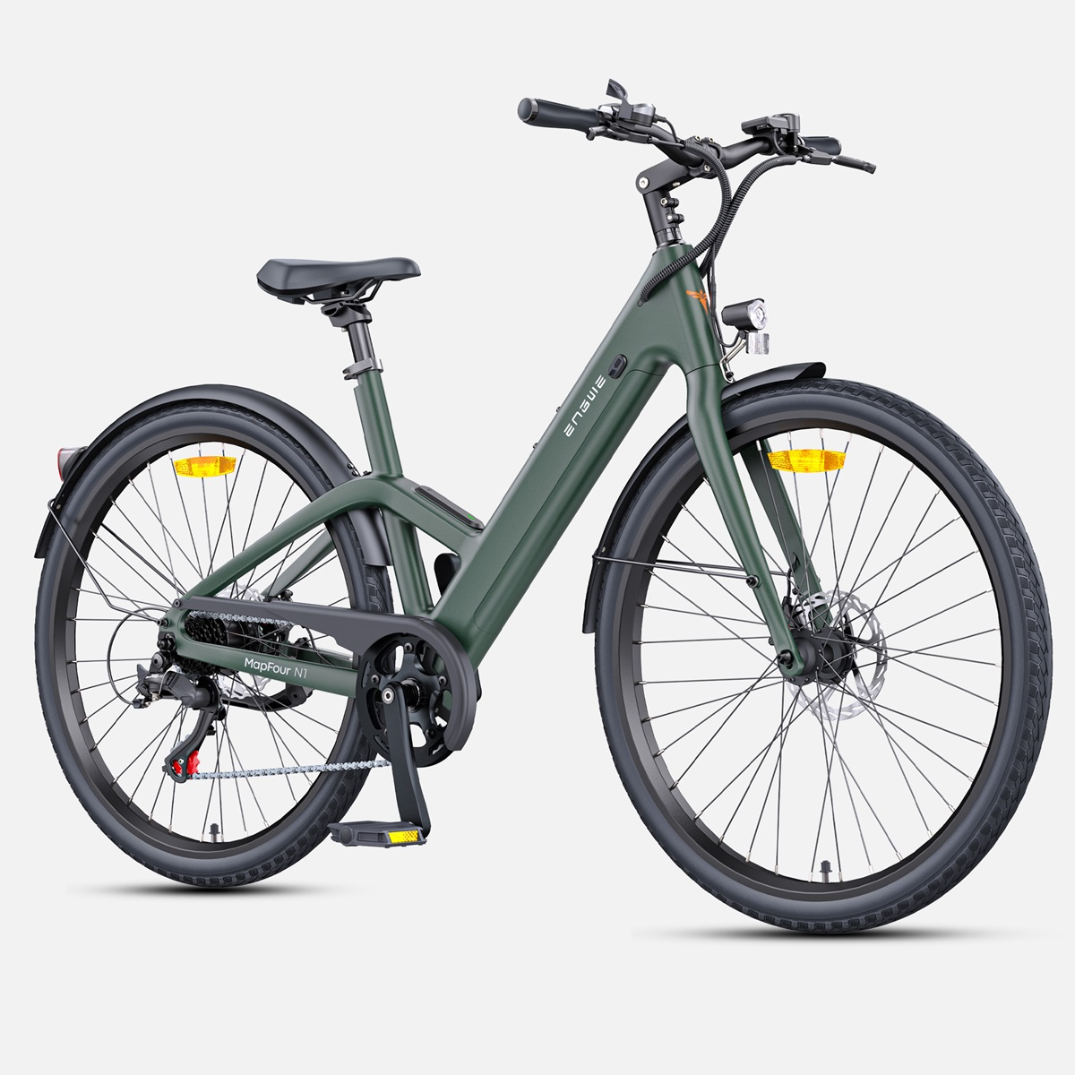 Ein grünes E-Bike, Seitenansicht. Es hat schwarze Reifen, einen schwarzen Sitz und einen Scheinwerfer.