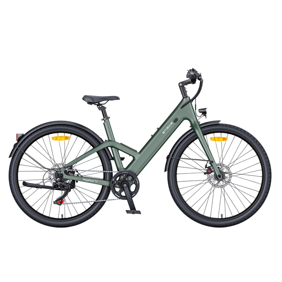 Grünes E-Bike mit schwarzen Reifen und Sattel. Dunkler Hintergrund. Mit Licht und Schutzblechen.