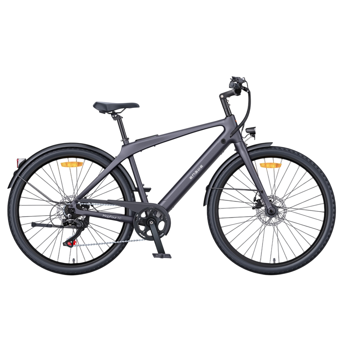 Dunkelgraues E-Bike mit schwarzen Reifen auf weißem Untergrund. Das Fahrrad ist angewinkelt.
