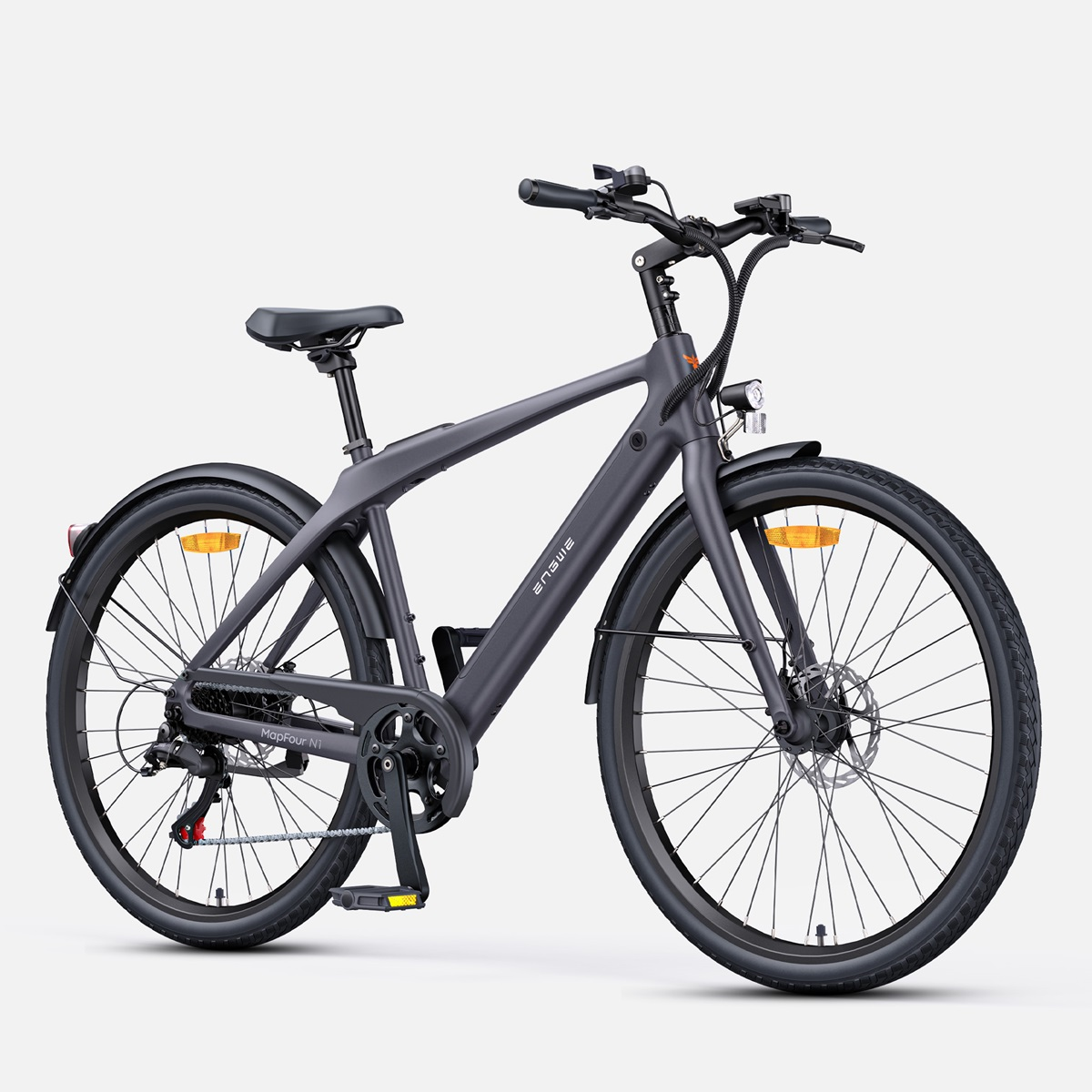 Ein graues E-Bike vor weißem Hintergrund, von der Seite betrachtet.