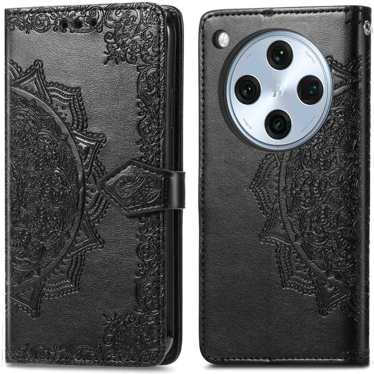 Zwarte telefoonhoes met een mandala-ontwerp en een telefoon bevestigd.